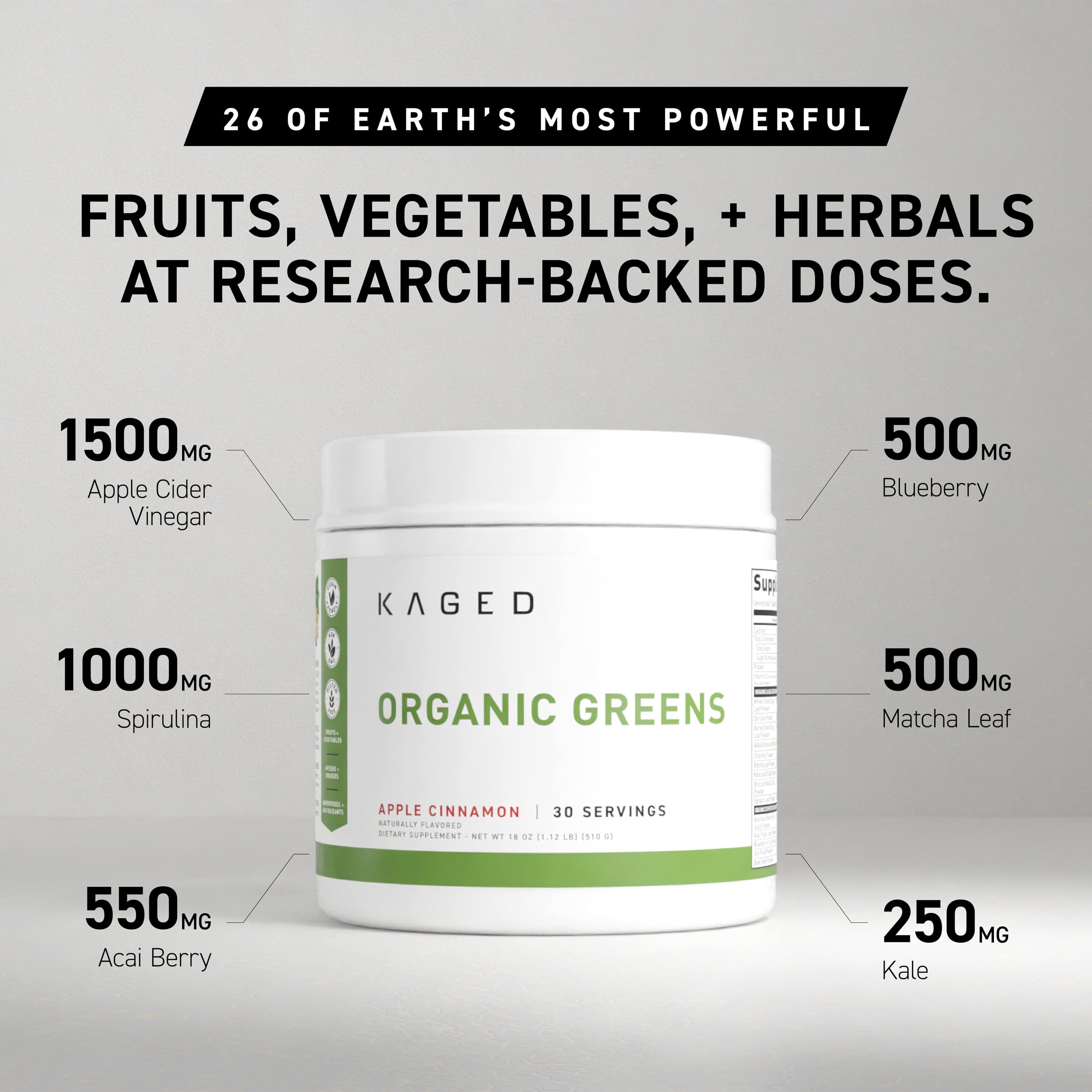 Kaged Organic Greens pot bio, ingrédients biologiques issus de fruits et légumes