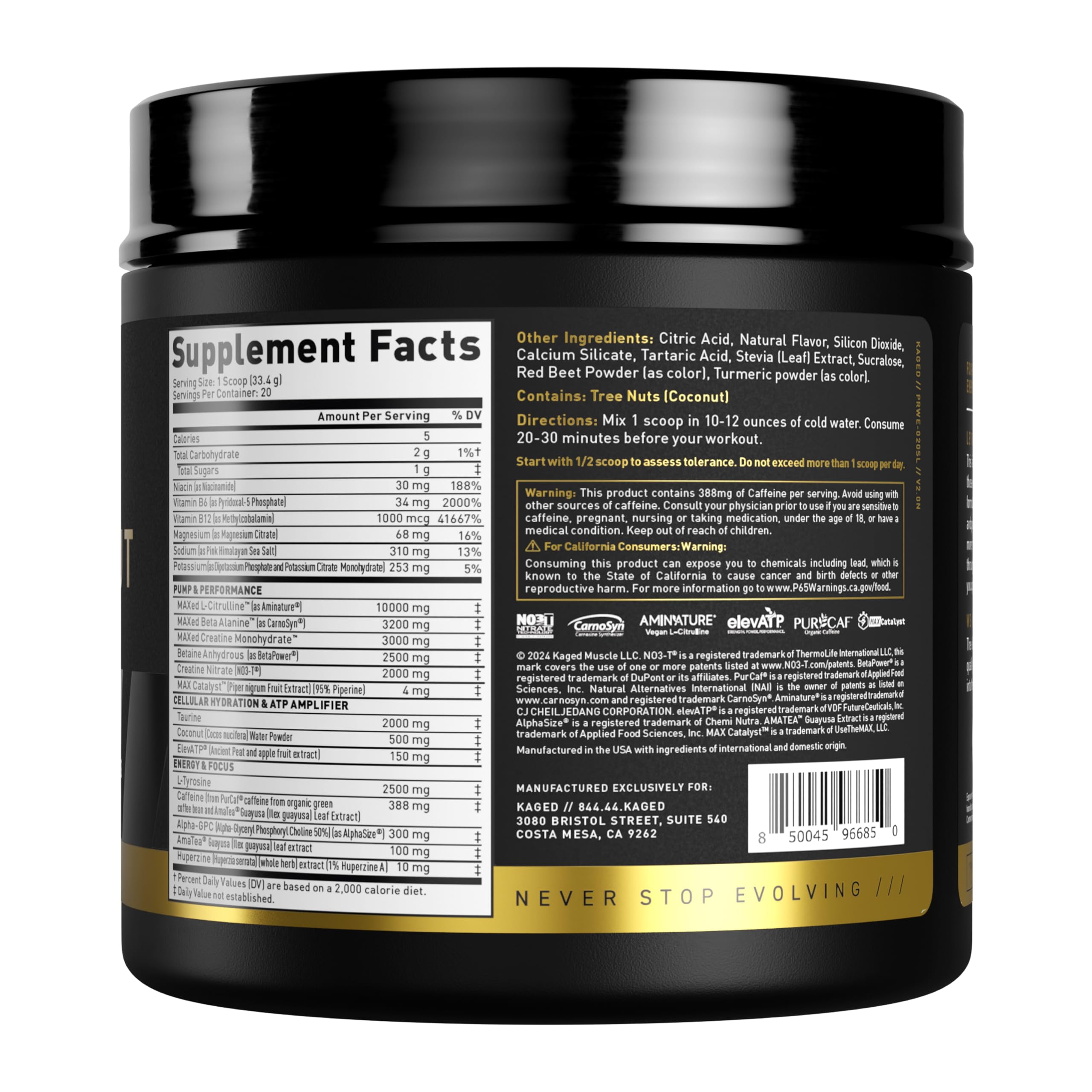 Kaged Pré-entraînement Elite Creatine NO3-T, pompe et endurance potentielles