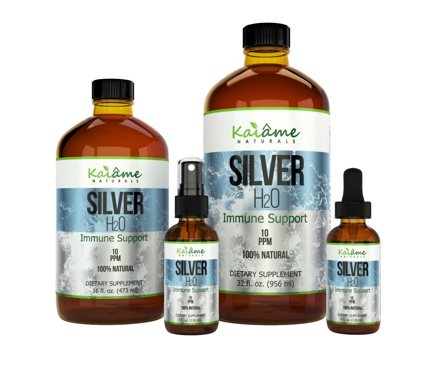Kaiame Naturals argent colloïdal en bouteille verre 16 oz, absorption efficace et pureté garantie.