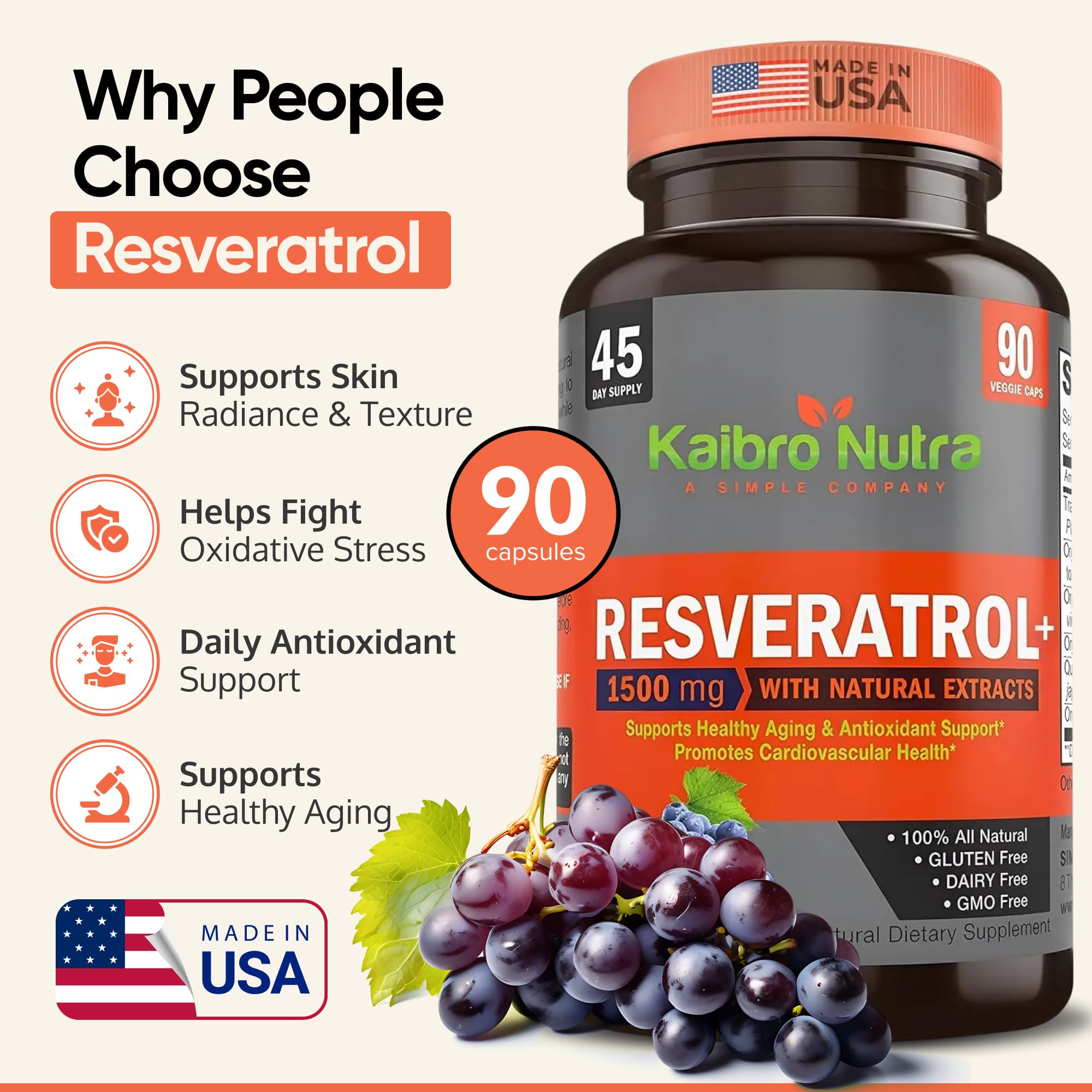 Capsules trans-resveratrol Kaibro Nutra, formule dosée pour une efficacité maximale.