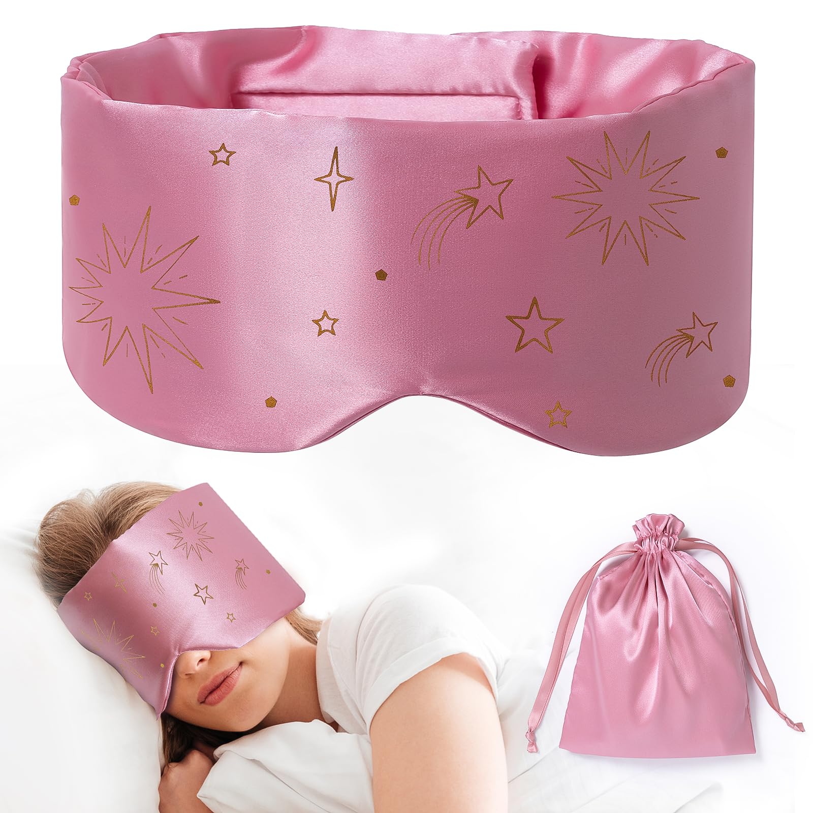 Masque KAKA Shining en soie mulberry rose avec imprimé étoiles, douceur et confort nocturne.