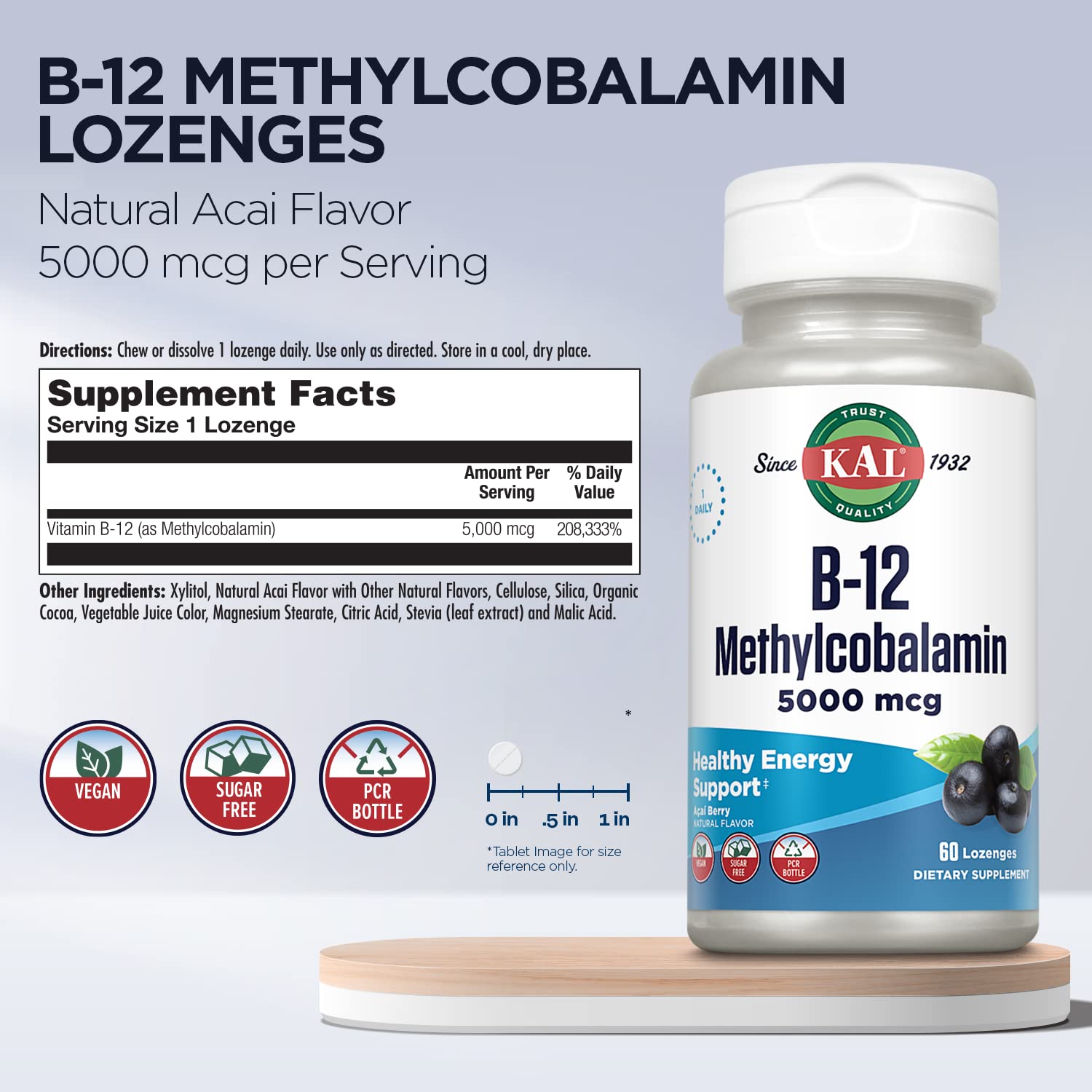 Saveur acai naturelle des pastilles KAL B-12, expérience agréable.