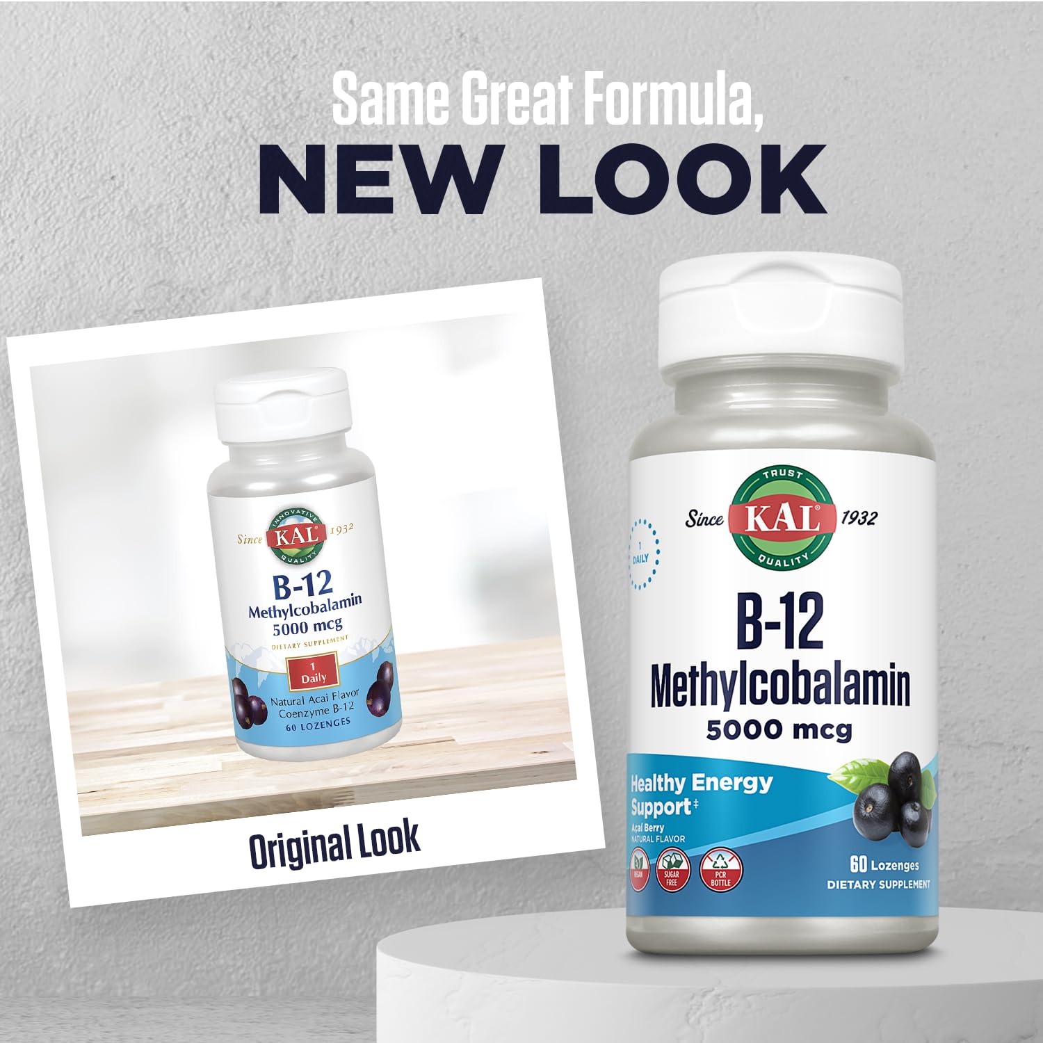 KAL B-12 Méthylcobalamine, étiquette indiquant 5000 mcg, absorption efficace.