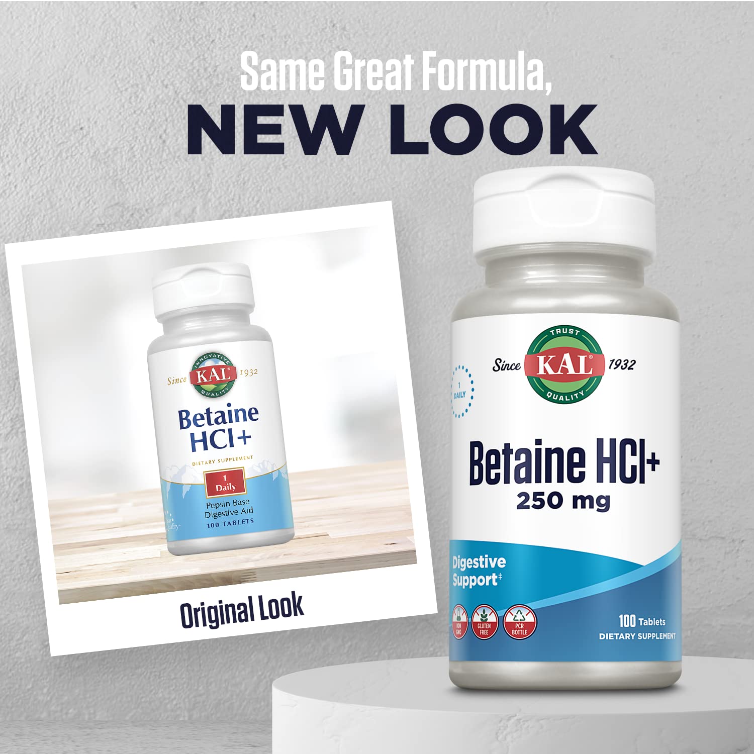 KAL Betaine HCl Pepsine – bouteille, aide potentielle à l'absorption des nutriments.