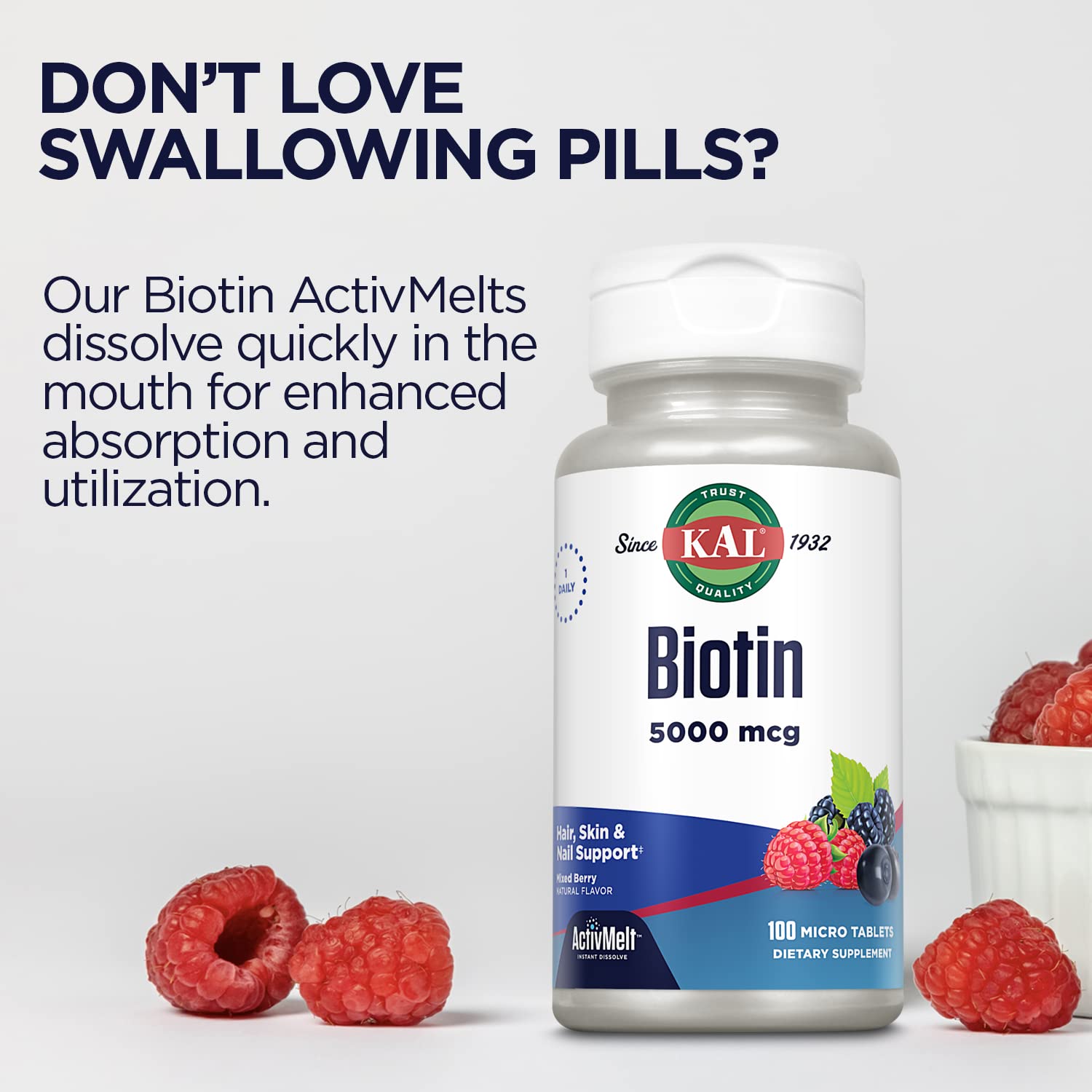 Kal Biotine 5000mcg, emballage compact: rangement simple et pratique.