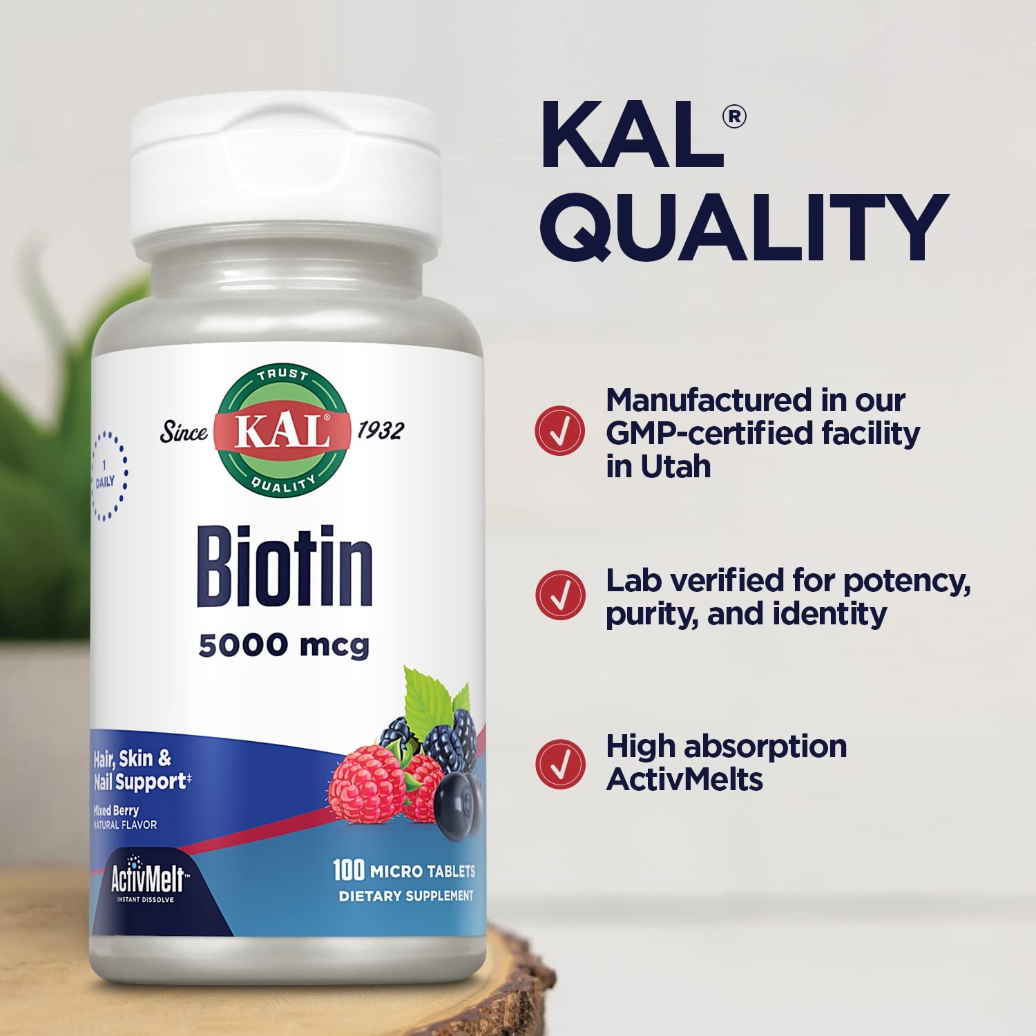 Kal Biotine 5000mcg, étiquette végétarienne: produit conforme à un régime végétarien.