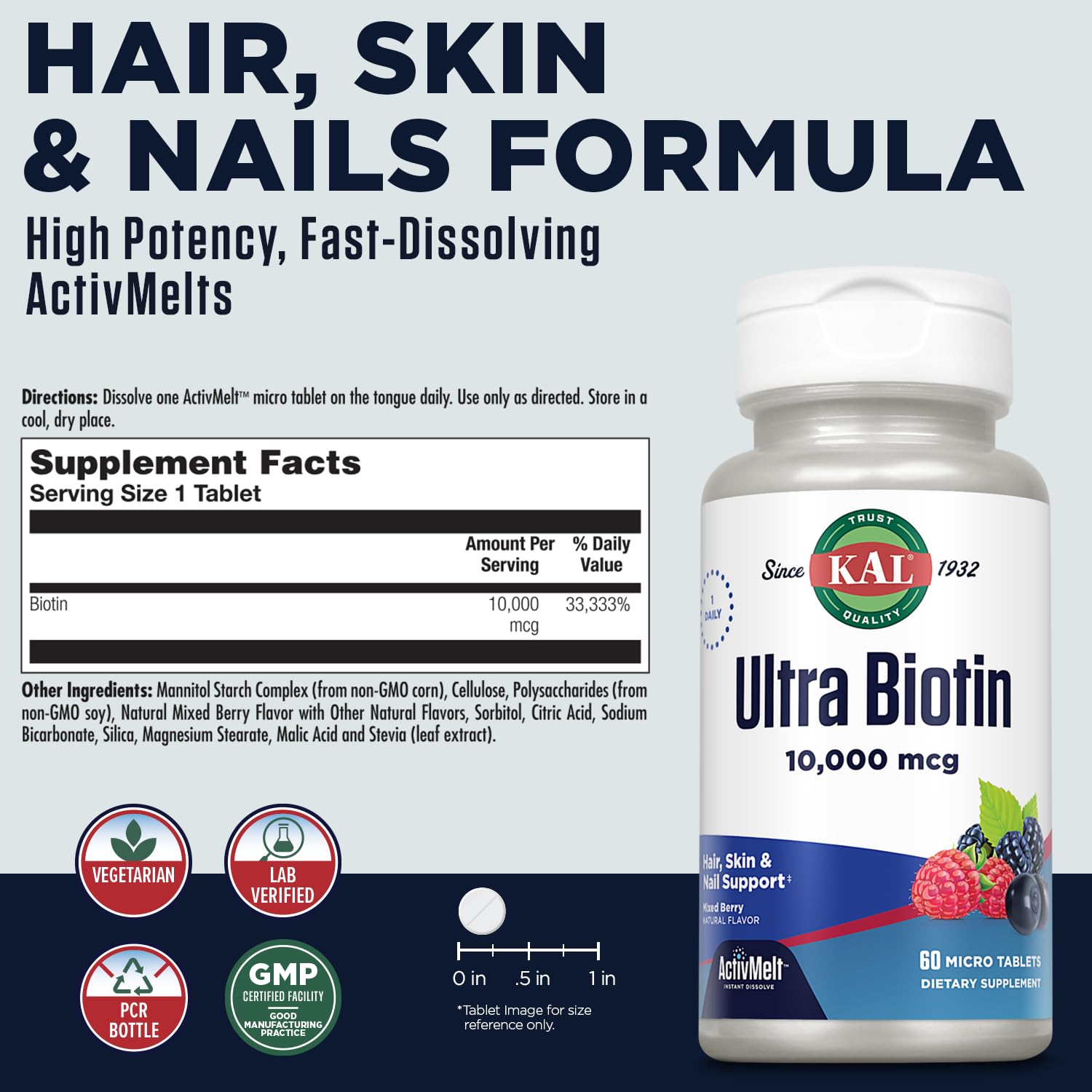 Tablettes micro-dissolvantes KAL Biotin ActivMelt se dissolvent rapidement en bouche.