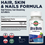 Tablettes micro-dissolvantes KAL Biotin ActivMelt se dissolvent rapidement en bouche.