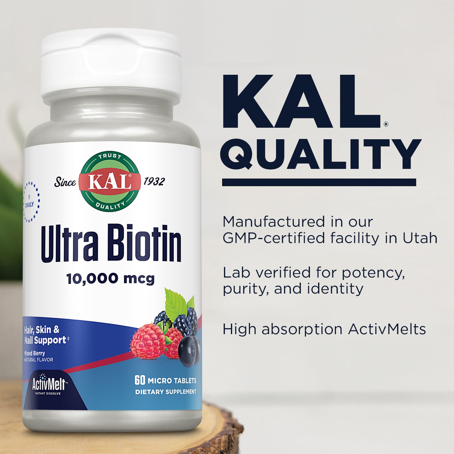 Utilisation quotidienne avec KAL Biotin ActivMelt pour cheveux, peau et ongles.
