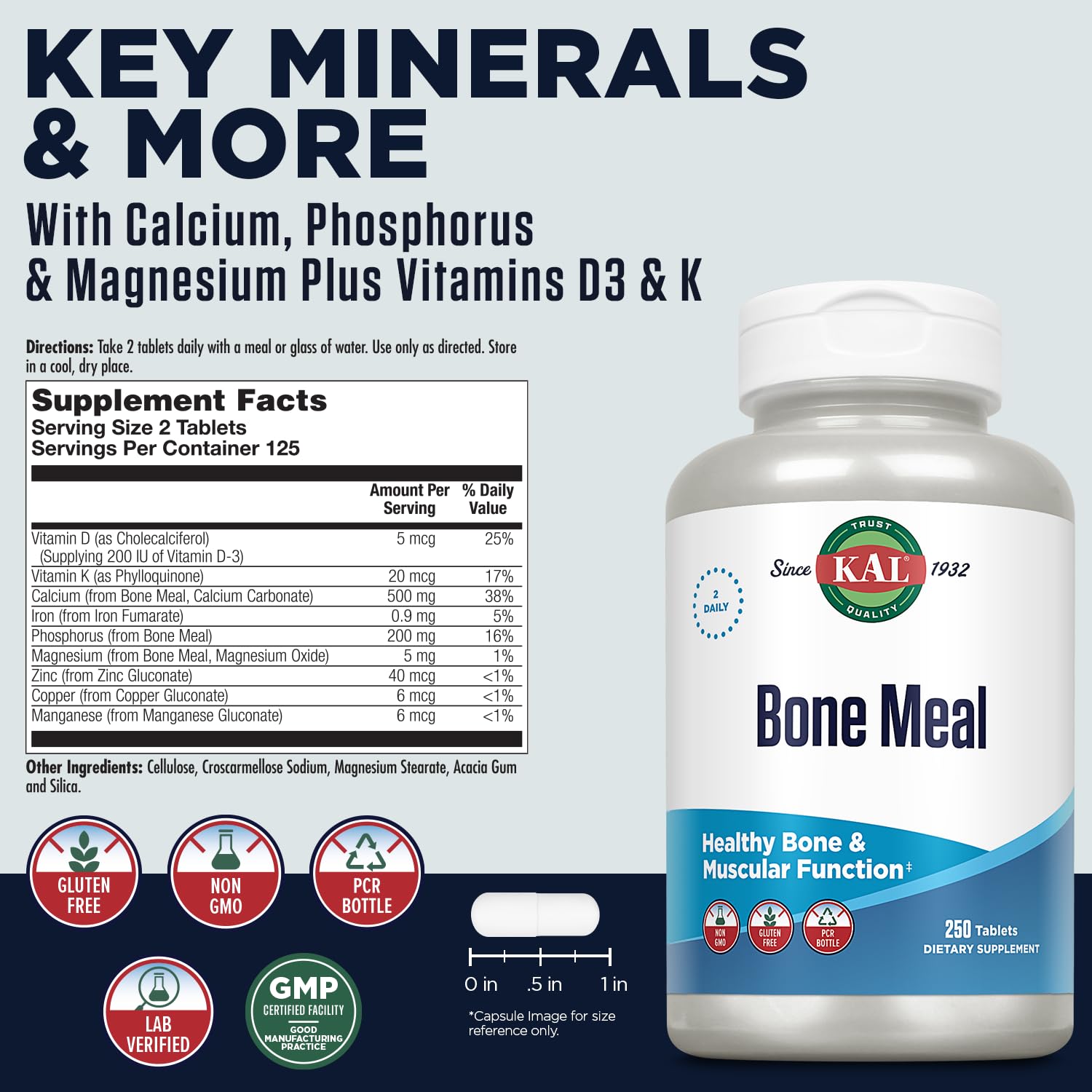 KAL Bone Meal – étiquette en gros plan montrant D3 et K, favorise l’absorption du calcium