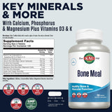 KAL Bone Meal – étiquette en gros plan montrant D3 et K, favorise l’absorption du calcium