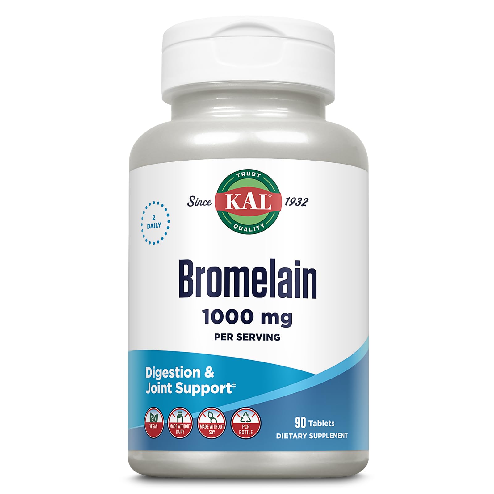 KAL Bromélaïne tablettes 1000 mg, flacon de 90 comprimés, soutien potentiel à la digestion des protéines.