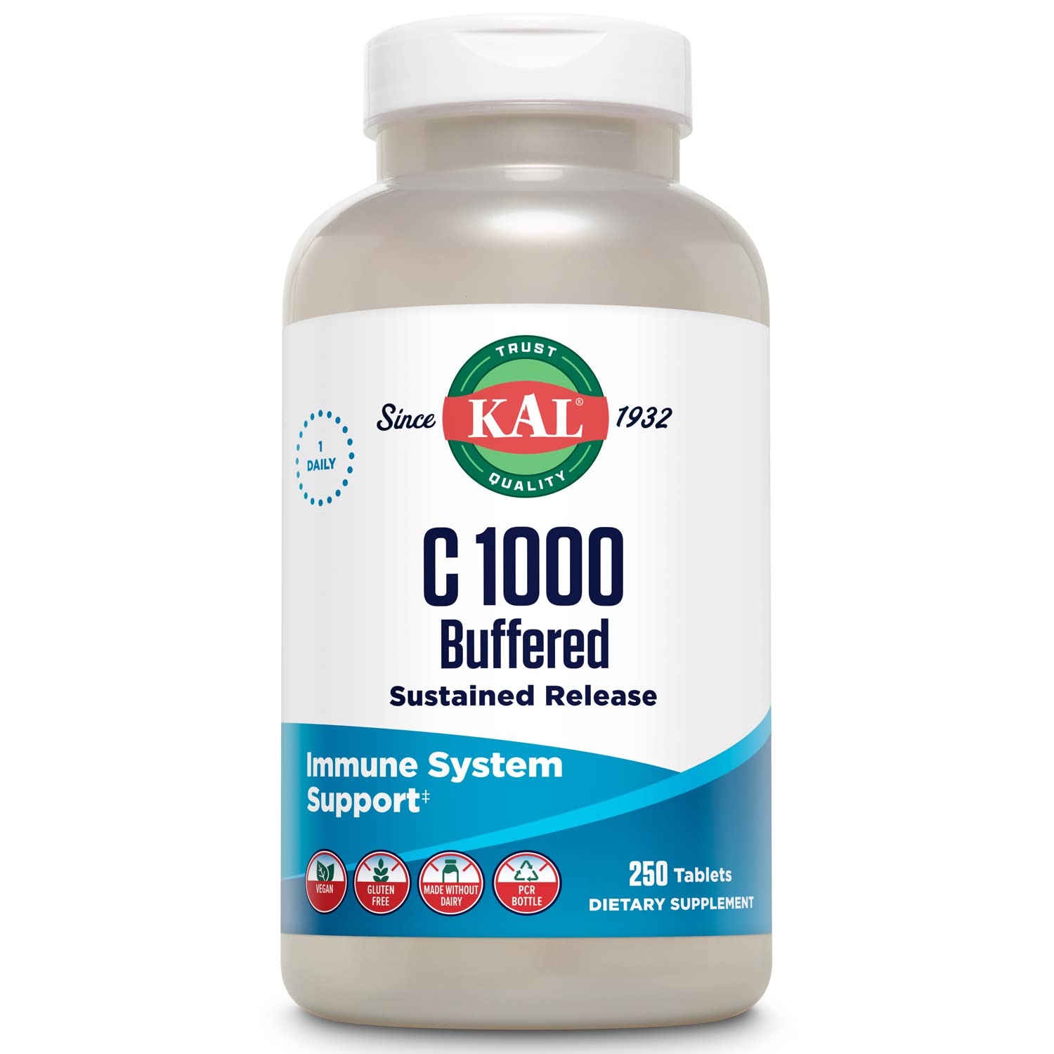 Kal C-1000 tamponnés, bouteille, soutien quotidien en vitamine C.