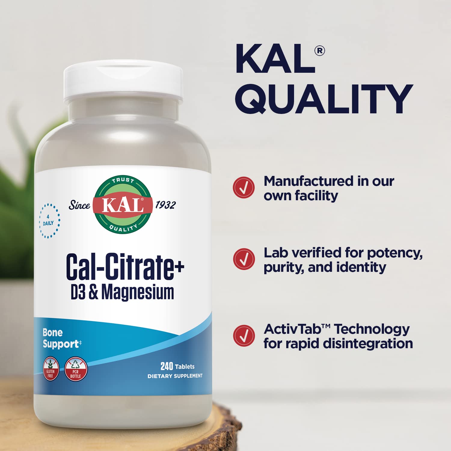 KAL Cal-Citrate+ composition D3 et magnésium: minéraux essentiels en synergie.
