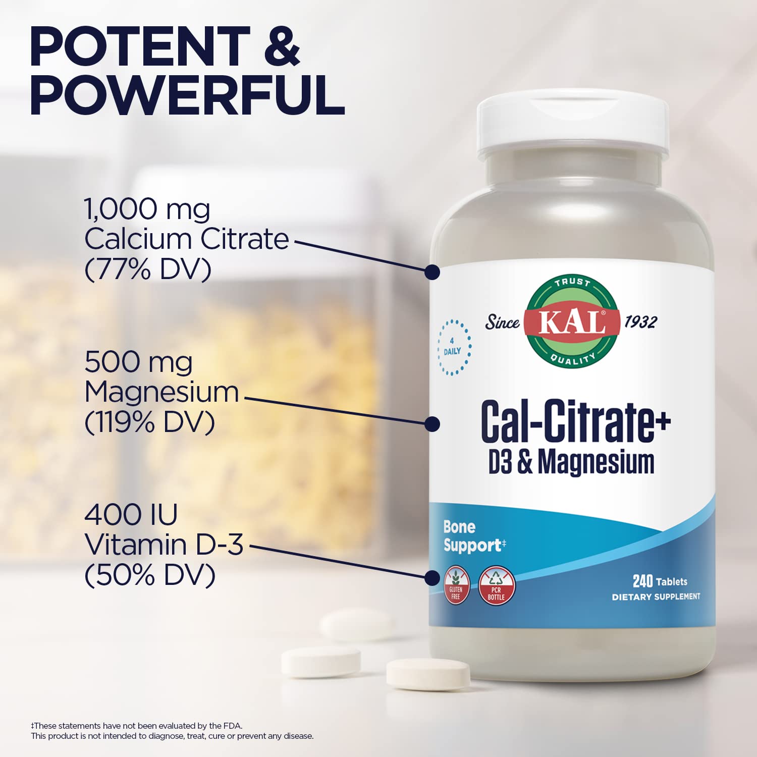 KAL Cal-Citrate+ emballage écologique: bouteilles PCR recyclées pour réduire l'impact.