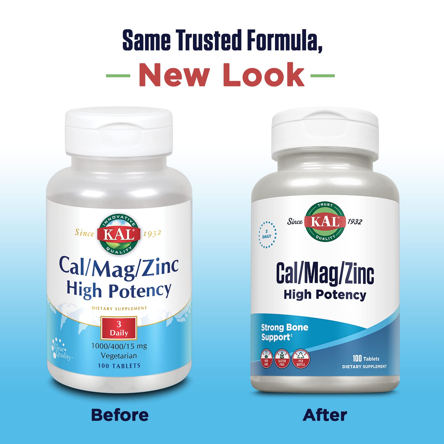 KAL Cal/Mag/Zinc: bouteille de 100 comprimés, soutien cœur et muscles.