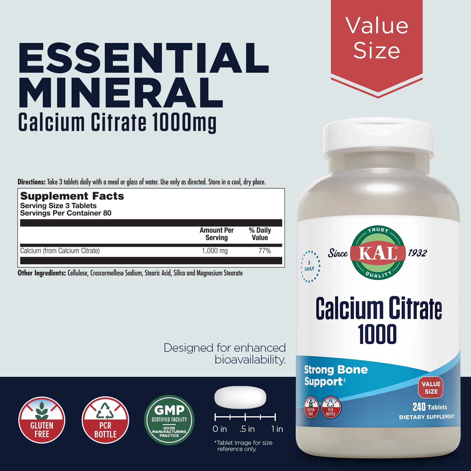 Kal Calcium Citrate 1000mg — bouteille arrière, informations sur la teneur et les ingrédients.