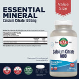 Kal Calcium Citrate 1000mg — bouteille arrière, informations sur la teneur et les ingrédients.