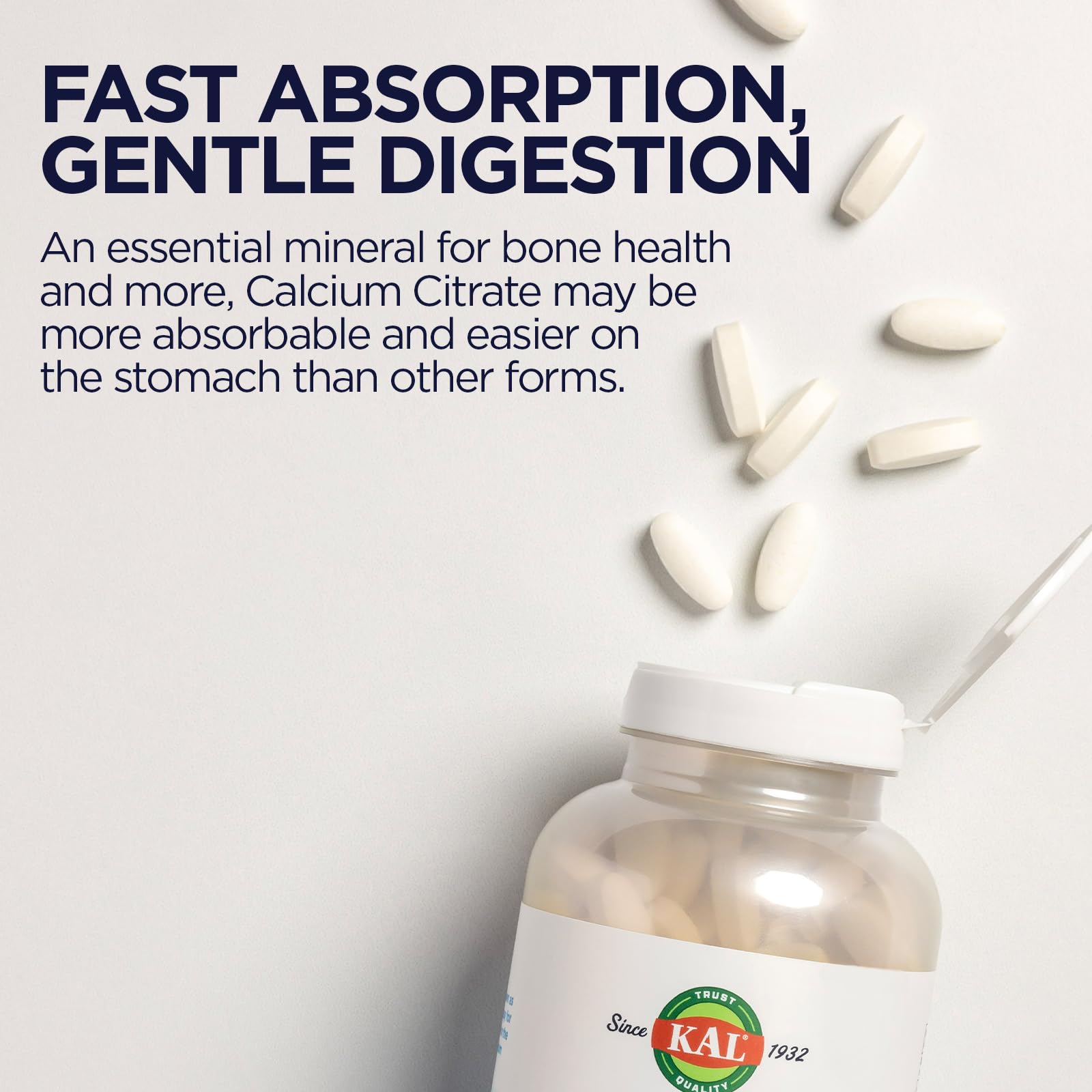 Kal Calcium Citrate 1000mg — emballage PCR, option écologique et sans gluten.