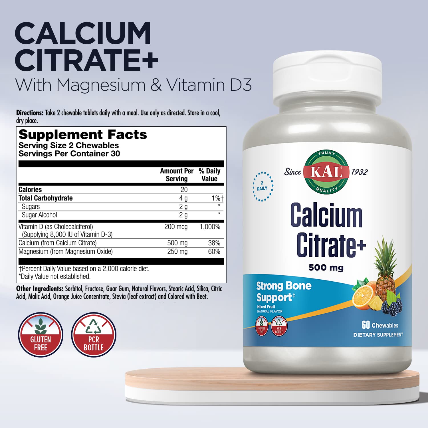 Kal Calcium Citrate – gommes à mâcher aromatisées fruits, goût agréable et facile à prendre.