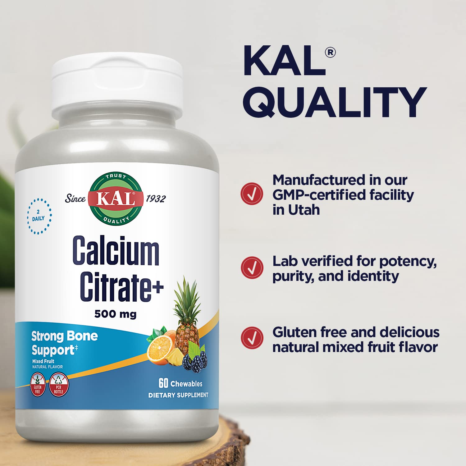 Kal Calcium Citrate – flacon et étiquette clairs garantissant qualité et traçabilité.