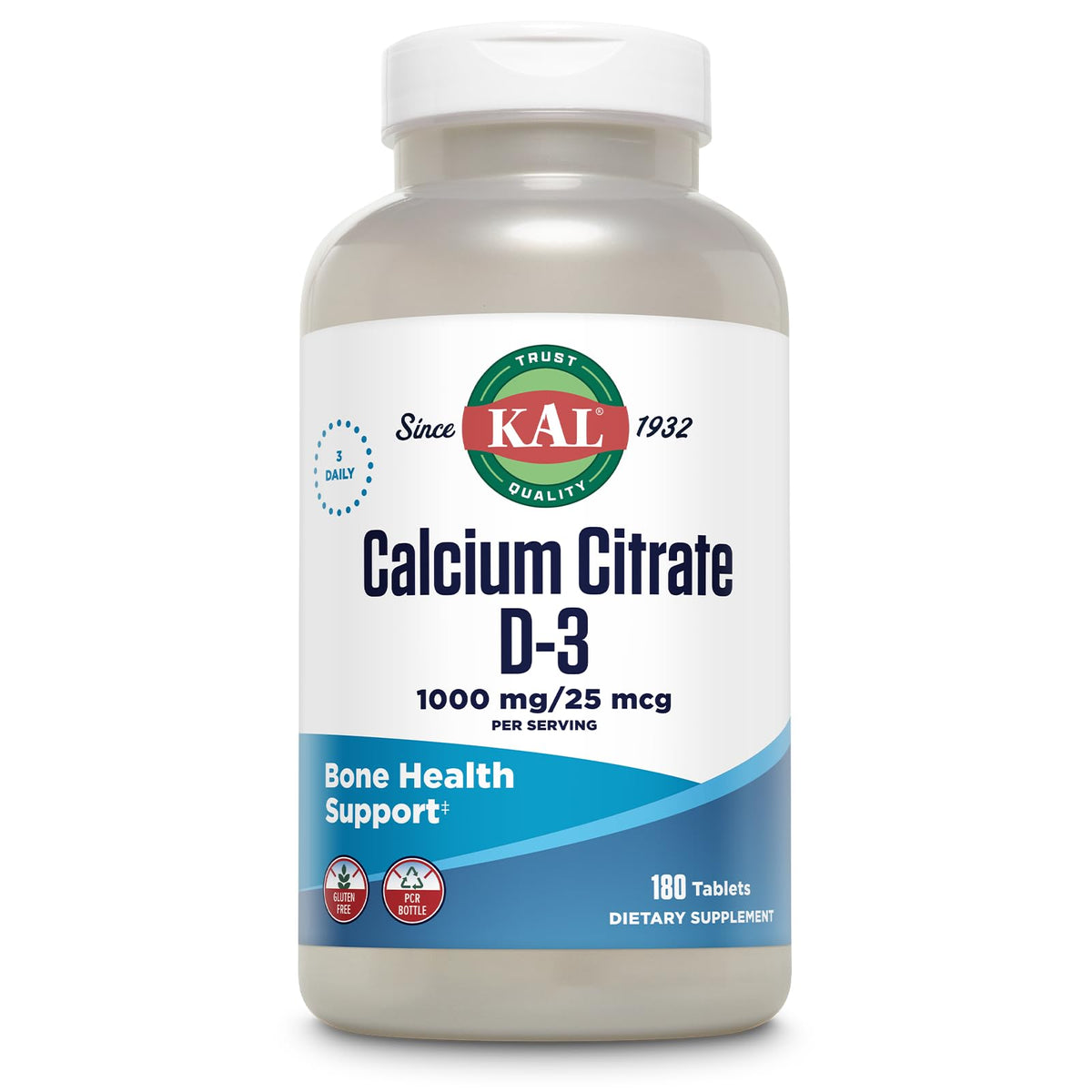 Kal Calcium Citrate Vitamine D3 tablettes 180, soutien des os et absorption.