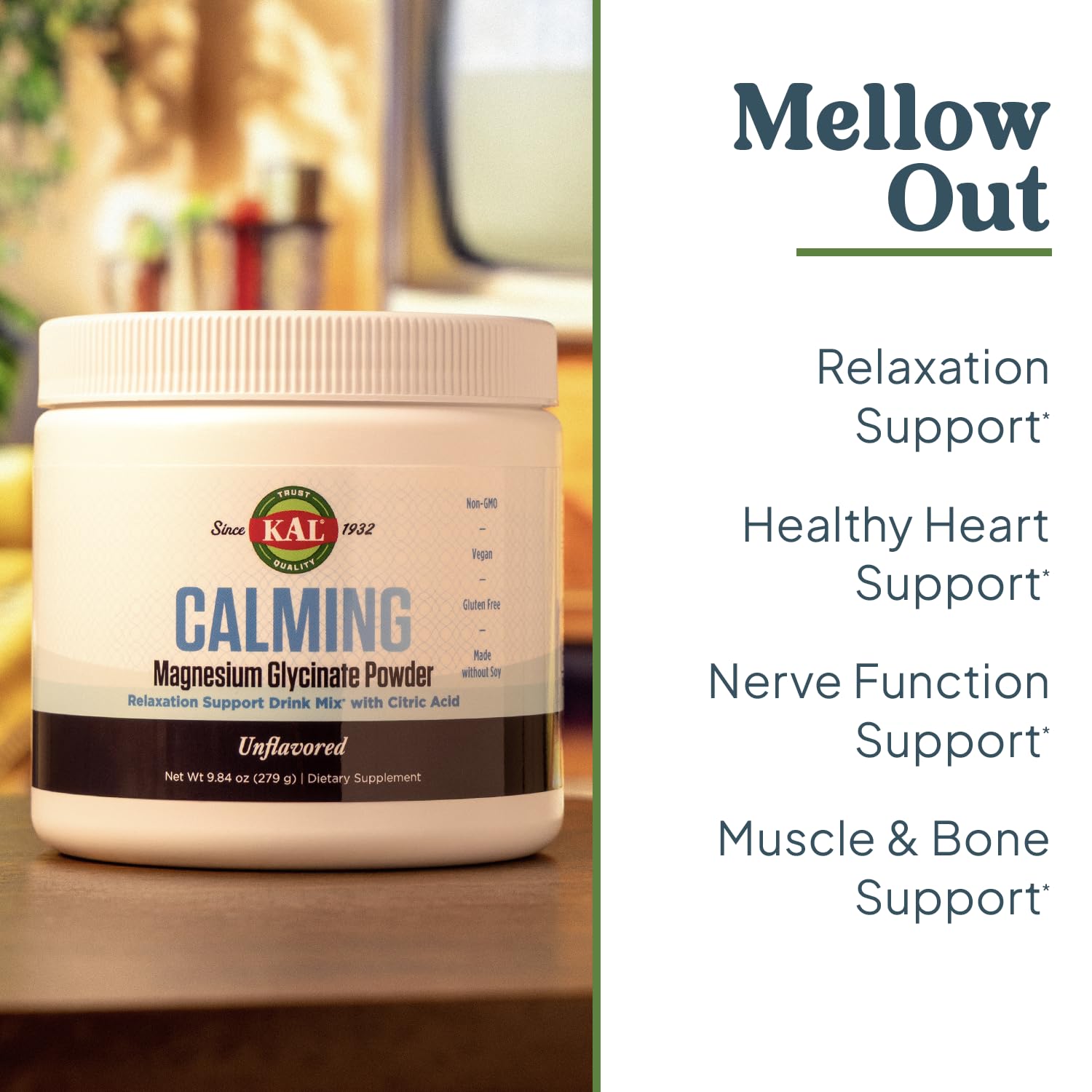 KAL Calming Magnesium Glycinate – étiquette lisible et stabilité assurée.