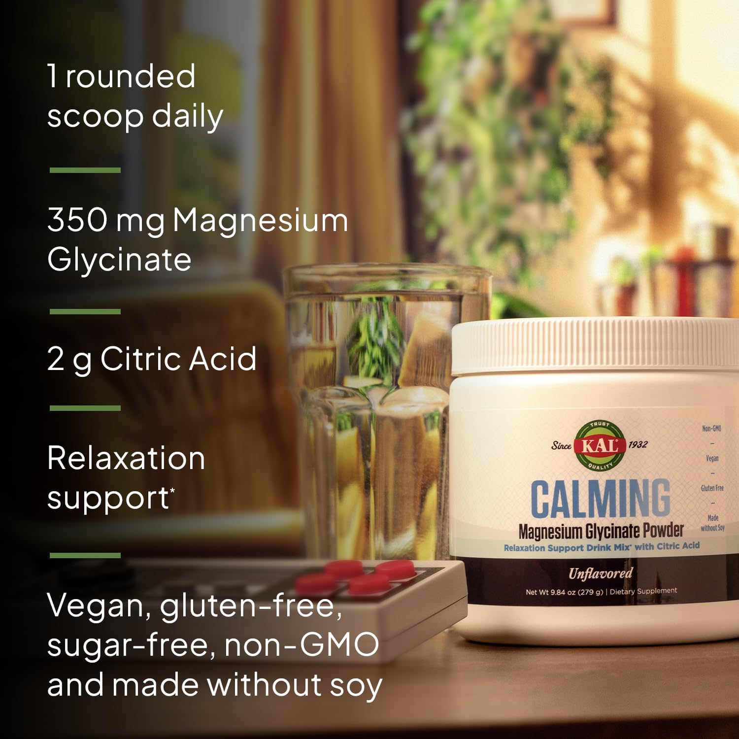 KAL Calming Magnesium Glycinate en verre d’eau, mélange facile pour relaxation légère.