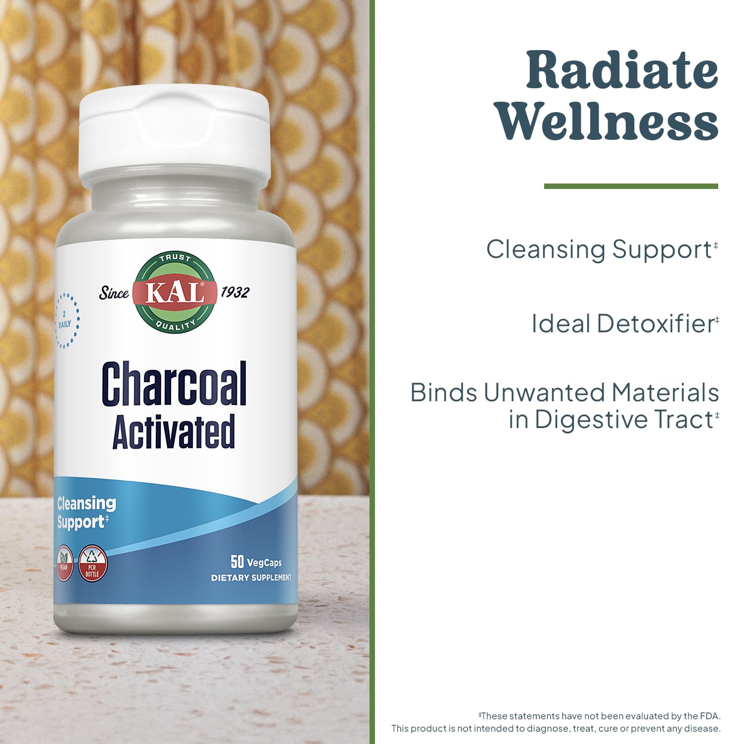 KAL Charbon activé 280 mg – capsules noires, forme simple à prendre.