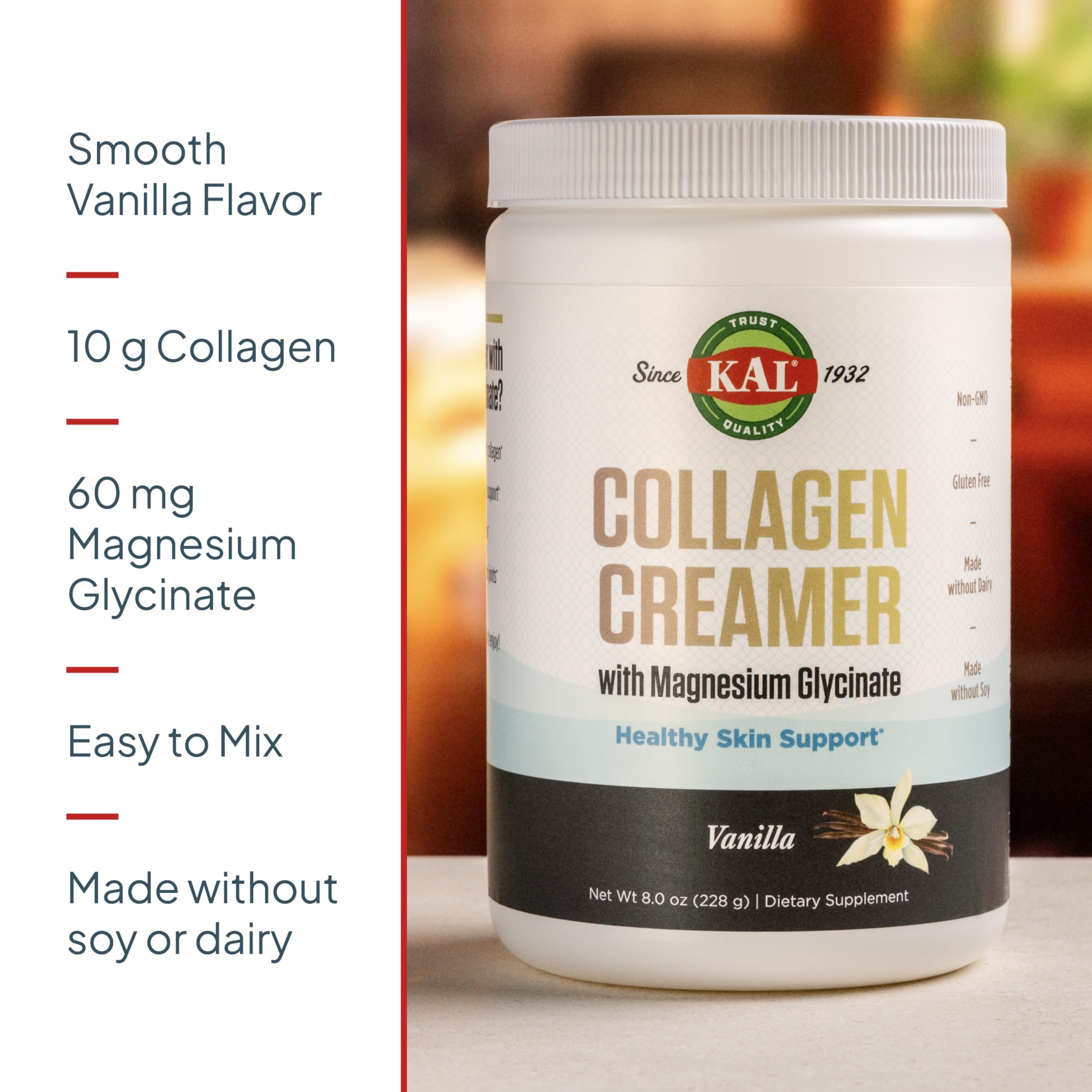 Ingrédients affichés de KAL Collagen Creamer Vanille, option sans lactose et sans gluten.