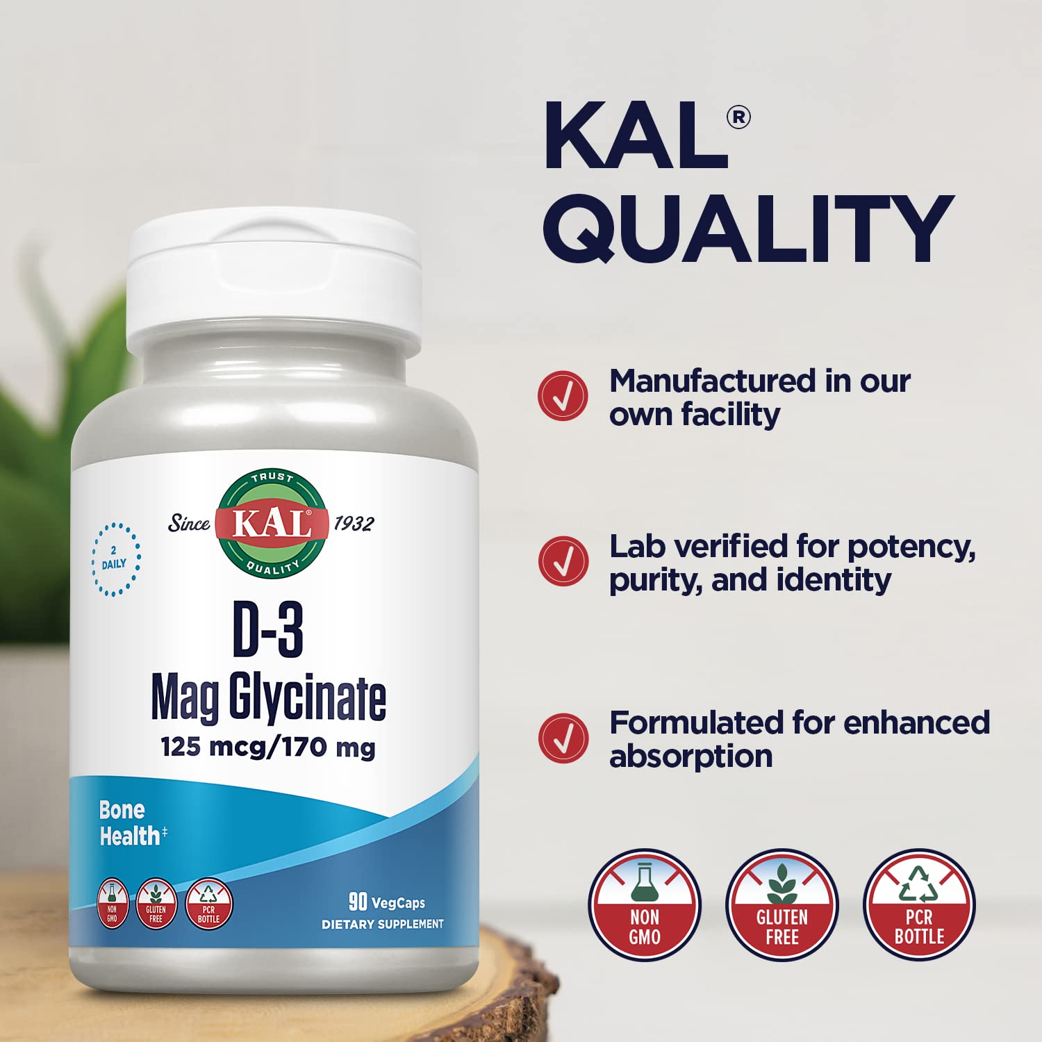 Kal complexe D3 et magnésium glycinate – capsules sur fond clair