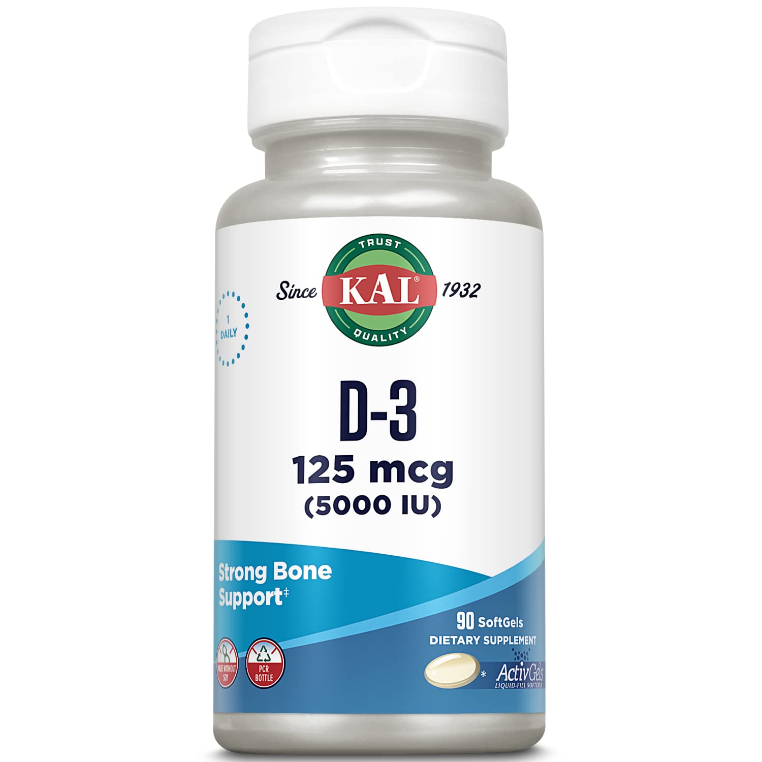 Kal D3 5000 UI — gélules molles visibles dans le flacon, soutien osseux potentiel