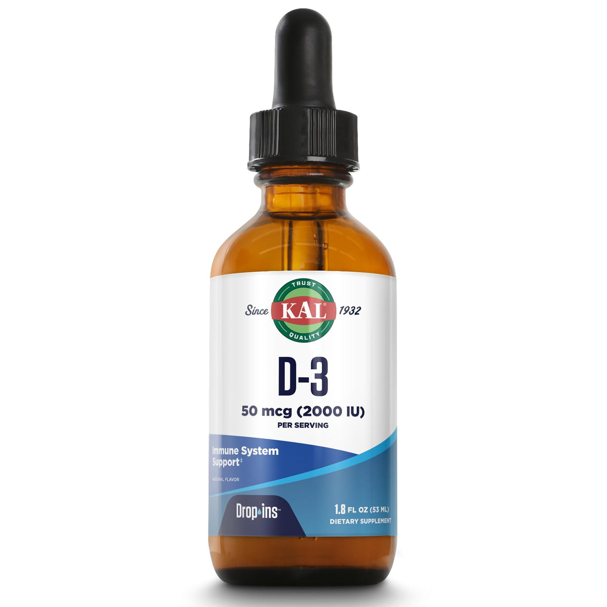 KAL D3 DropIns dans une bouteille ambrée, potentiel soutien immunitaire.