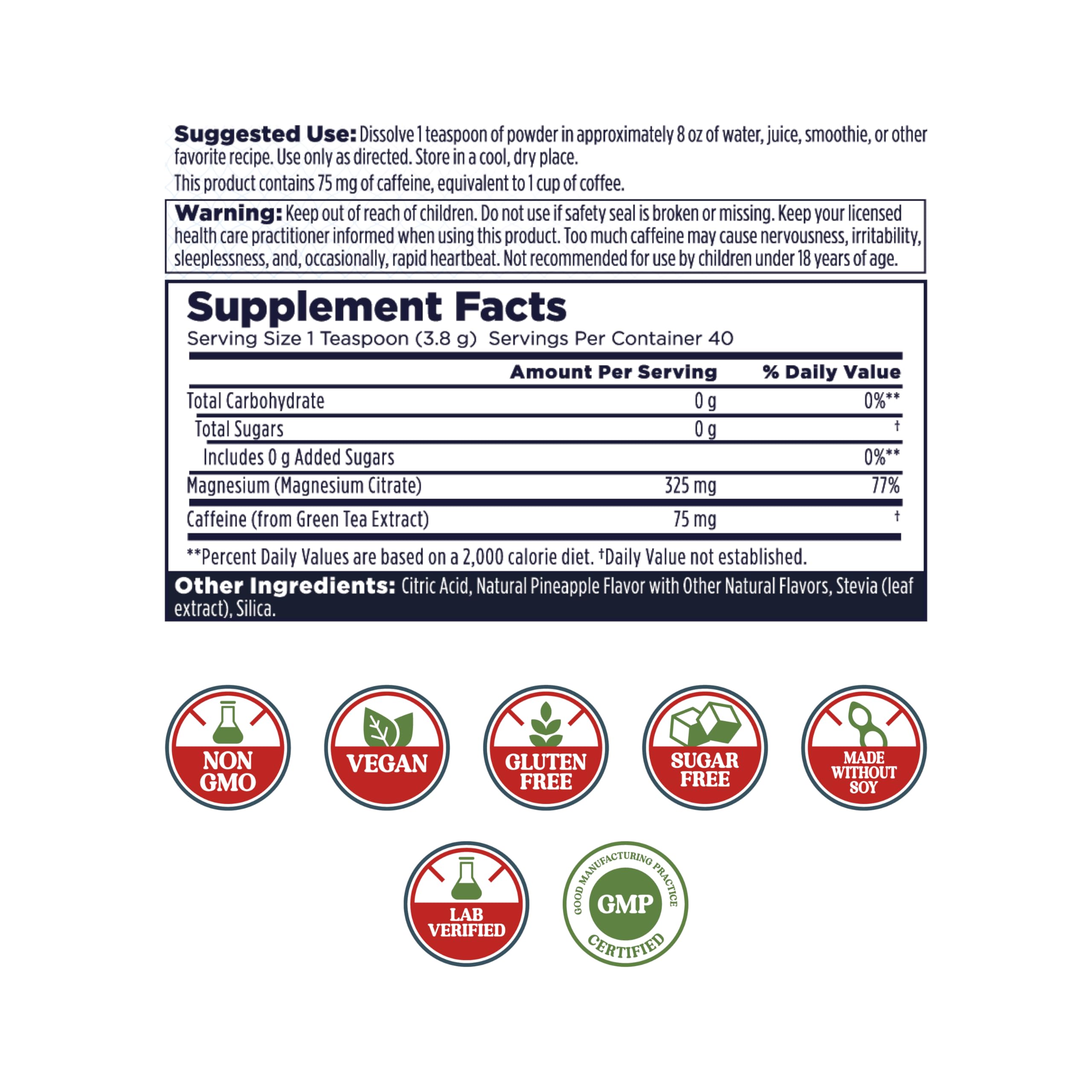 Sachet de KAL Energy Magnesium Poudre Ananas, pratique pour dose quotidienne.