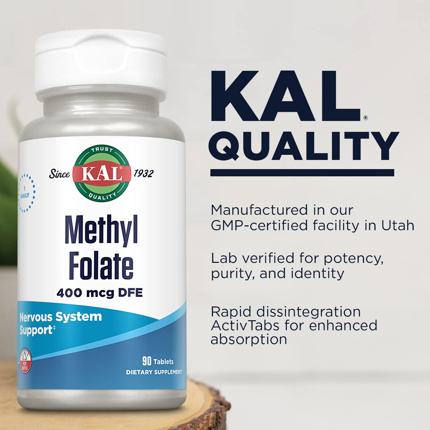 KAL Folate Emballage 90 comprimés – emballage clair pour un dosage quotidien.