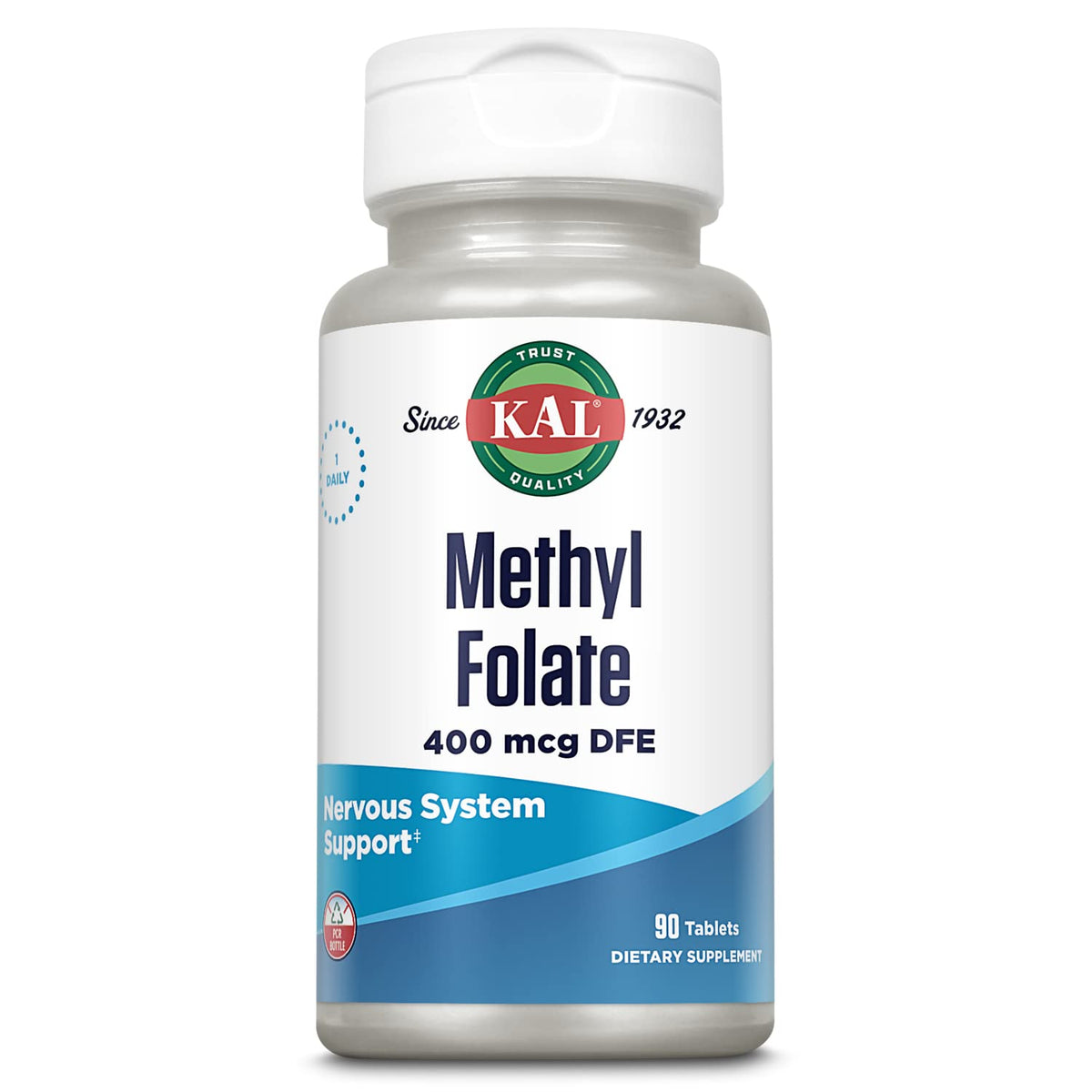 KAL Folate Méthylé, bouteille vue de face, soutien potentiel énergie et concentration.