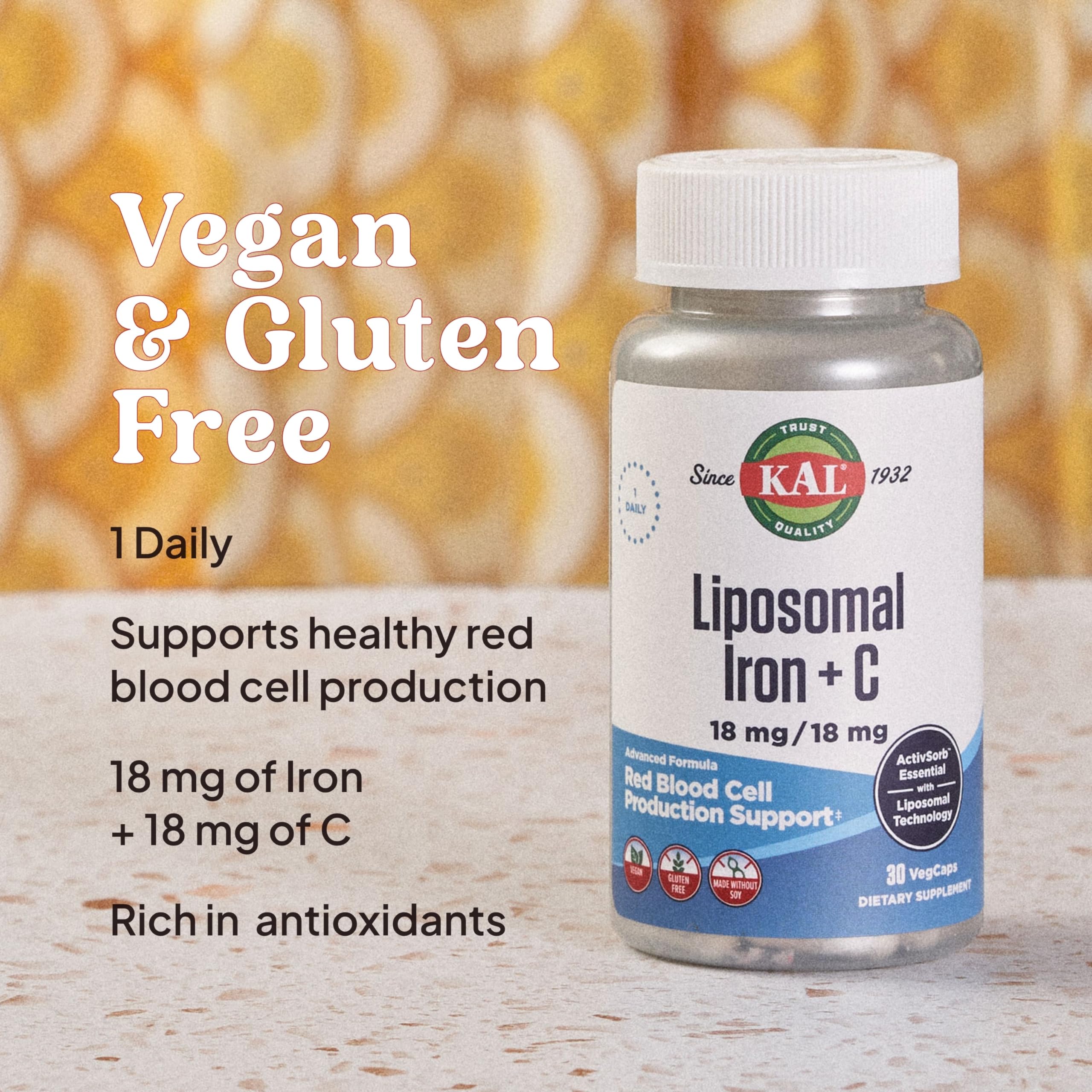 Formule vegan sans gluten ni soja: KAL liposomal fer et vitamine C.