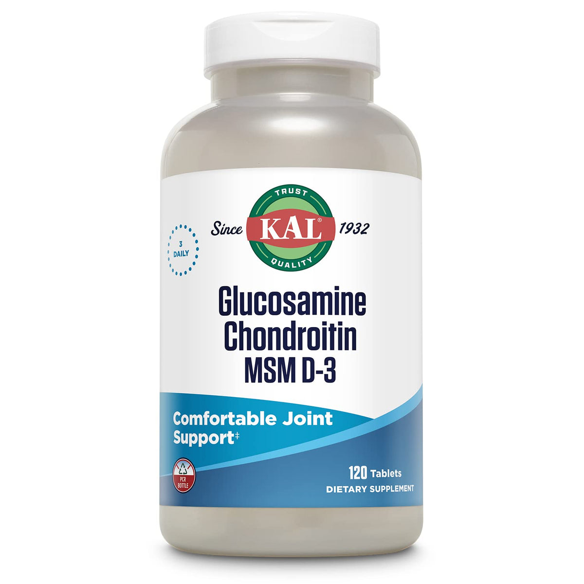 Kal Glucosamine Chondroitin MSM D3 – Bouteille pour le soutien articulaire et mobilité.