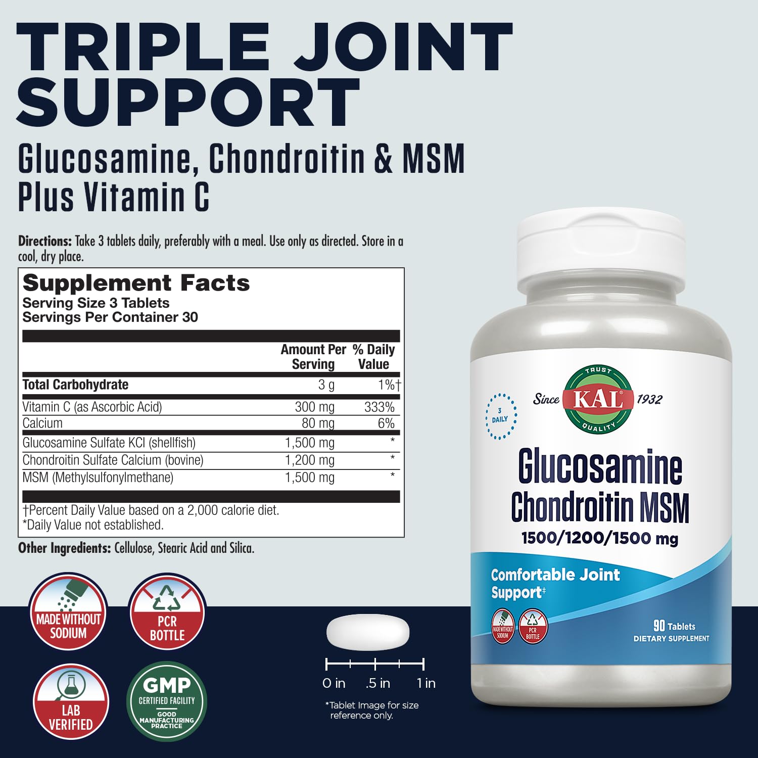 KAL Glucosamine Chondroïtine MSM - tablettes compactes faciles à avaler.