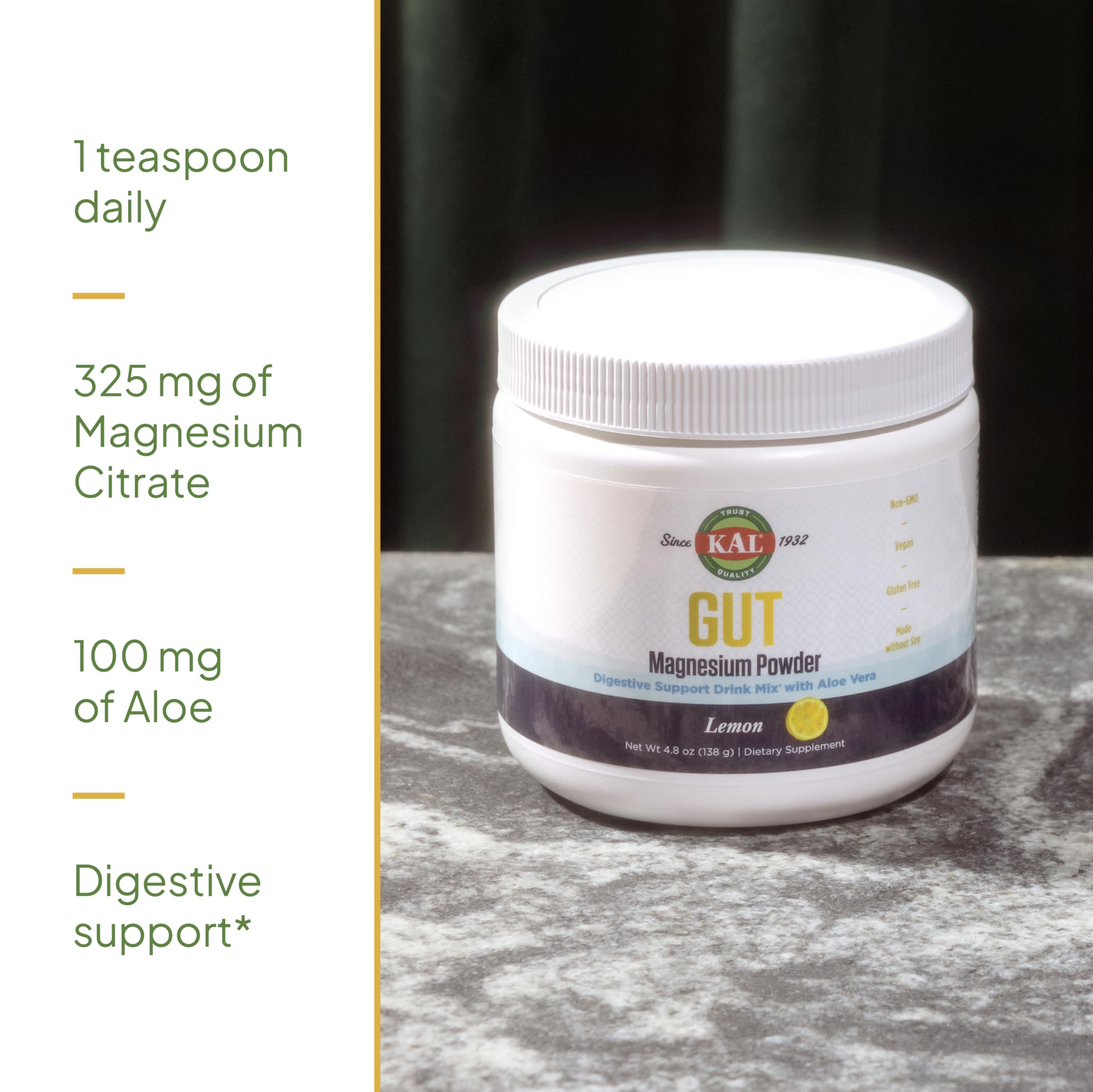 Kal Gut Magnesium Plus Aloe Lemon – Étiquette claire affichant les détails et usages.