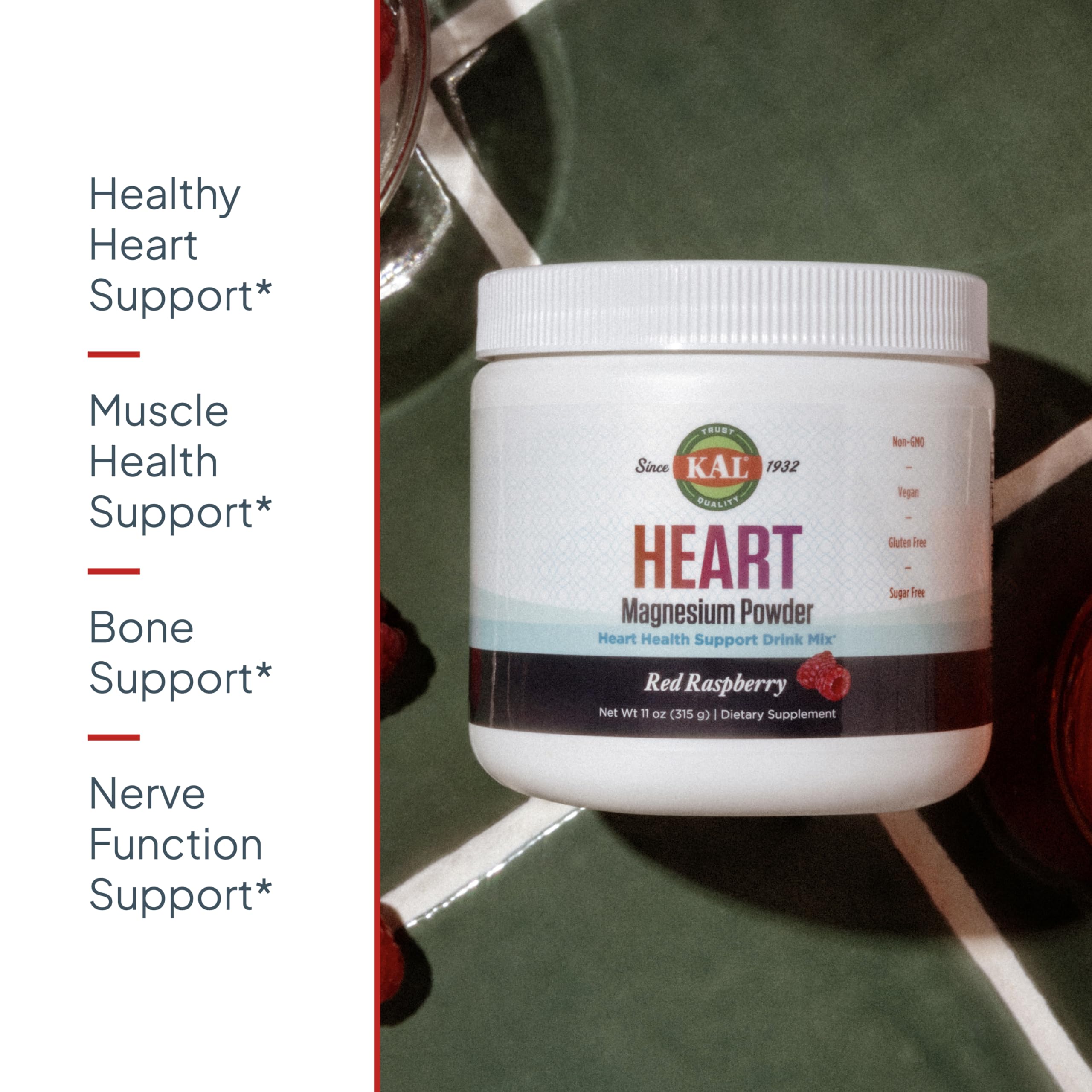 KAL Heart Magnésium Poudre framboise rouge – doseur inclus pour doser facilement.