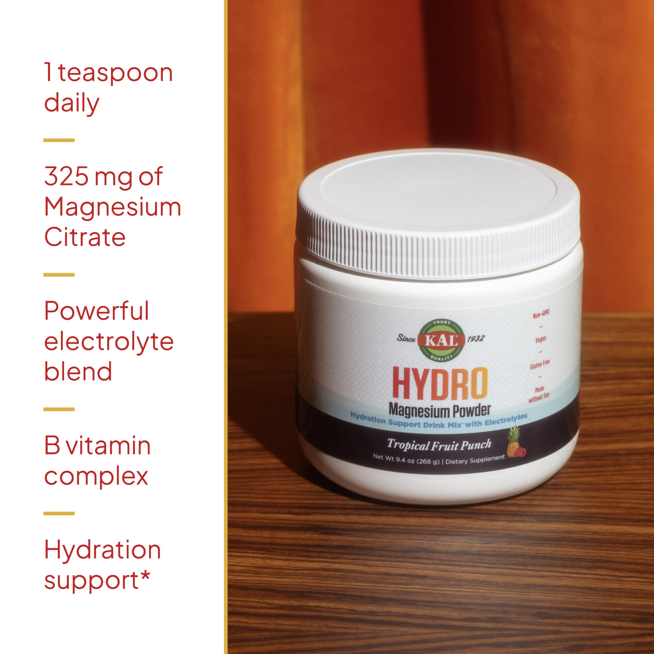 KAL Hydro Magnesium Plus Electrolytes, verre avec boisson tropicale; hydratation agréable après l'effort.