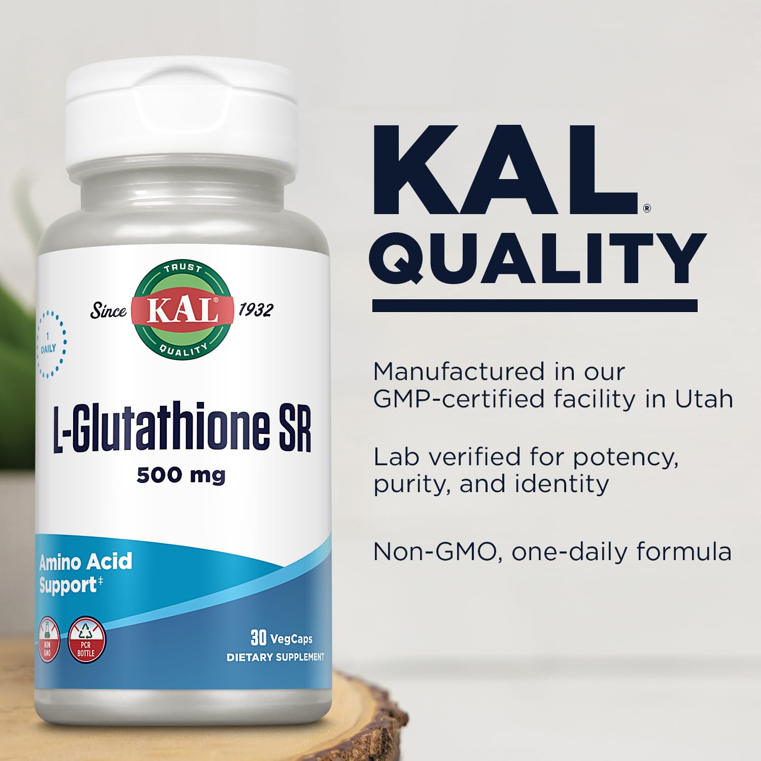 KAL L-Glutathione SR, bouteille éco, emballage PCR réduit l'impact environnemental.