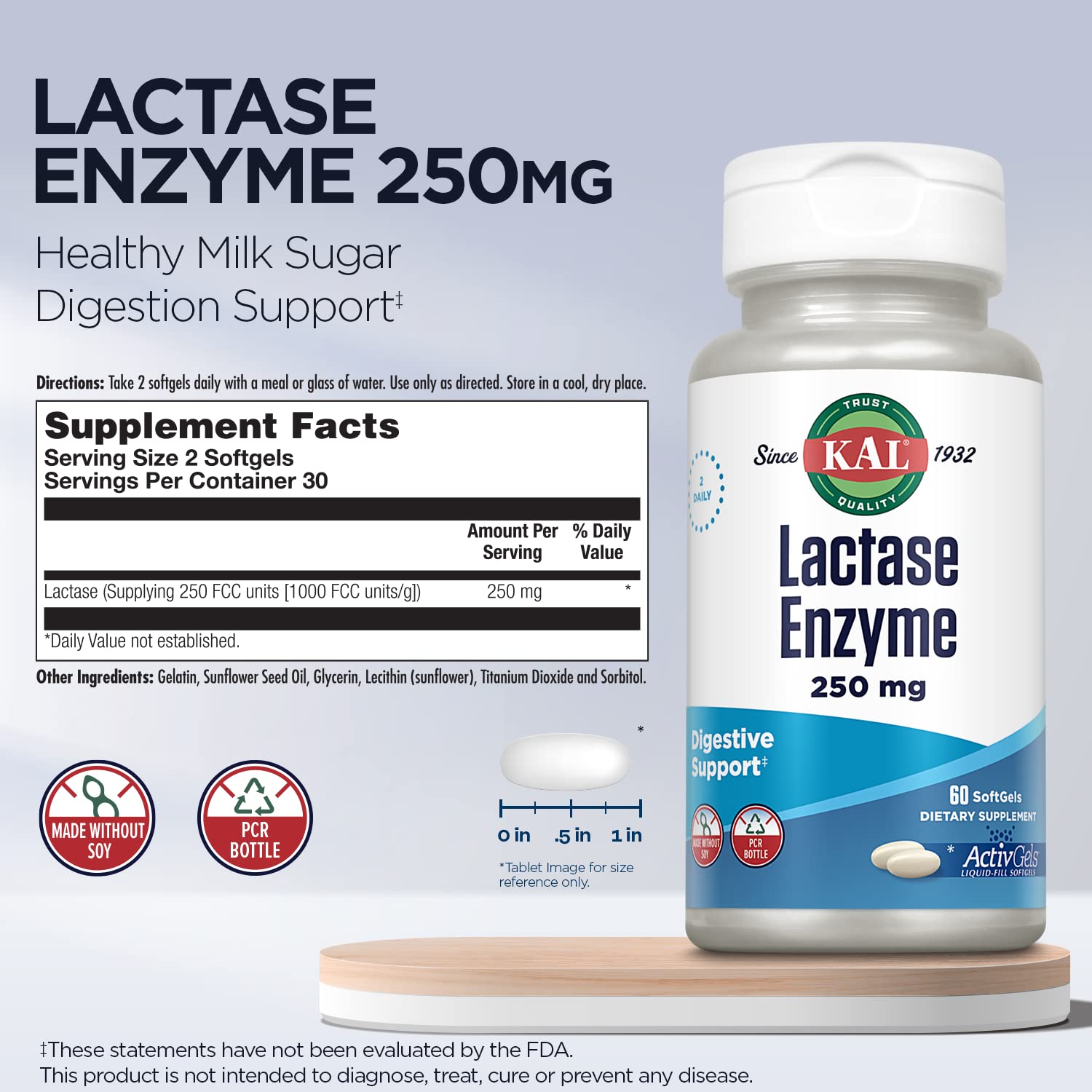 KAL Lactase Enzyme – dose de 250 UFC par portion.