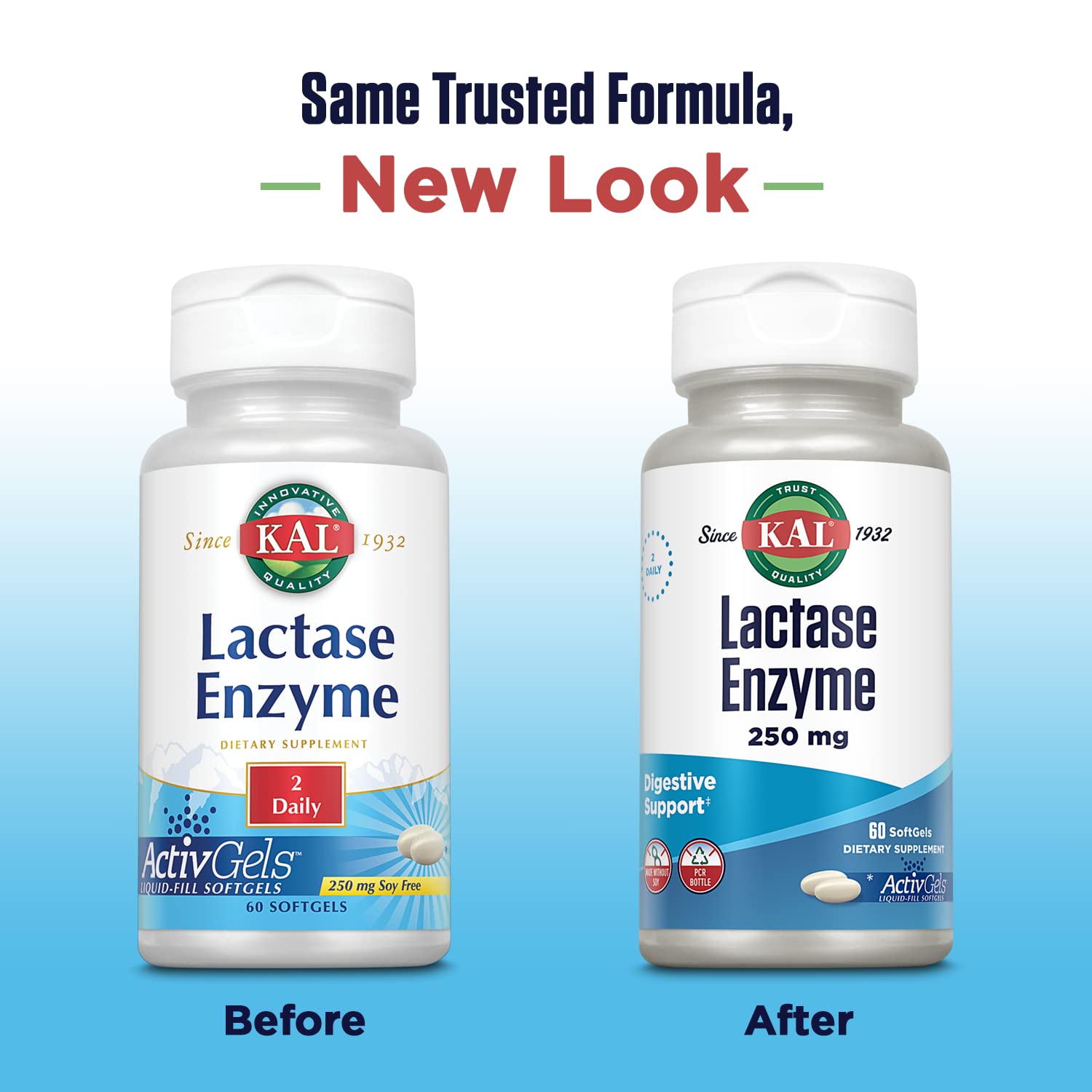 KAL Lactase Enzyme – gélules liquides ActivGels faciles à avaler.
