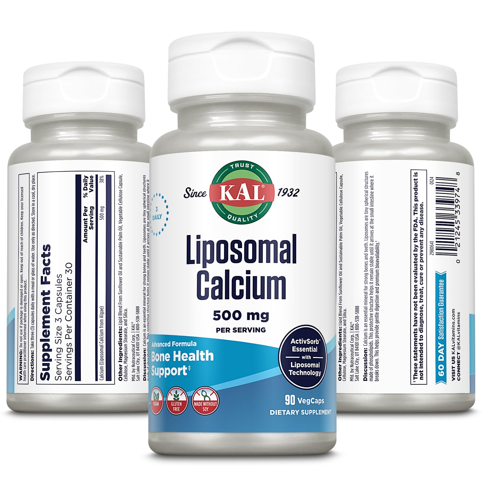 KAL Liposomal Calcium – étiquette détaillée et ingrédients d’origine algale, information claire.
