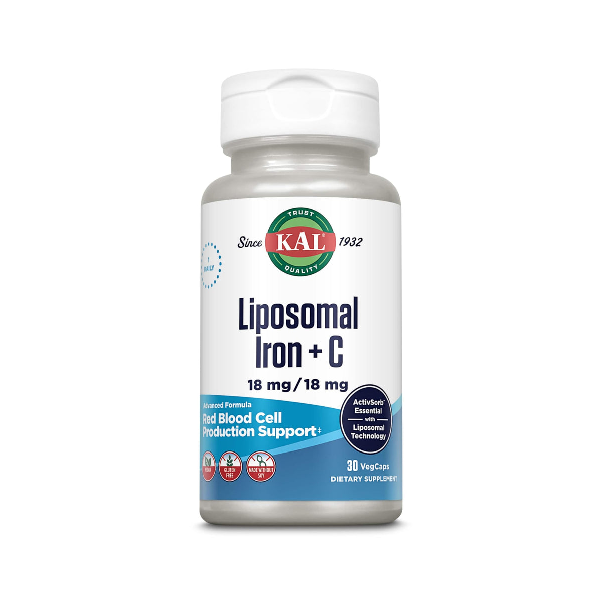 KAL liposomal fer et vitamine C : bouteille et gélules pour absorption douce.