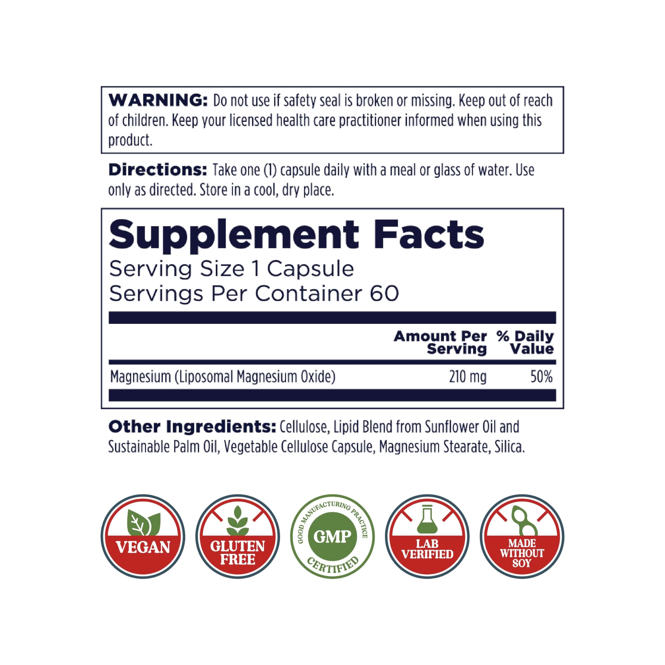 KAL Liposomal Magnesium Oxide : emballage vegan et sans gluten.