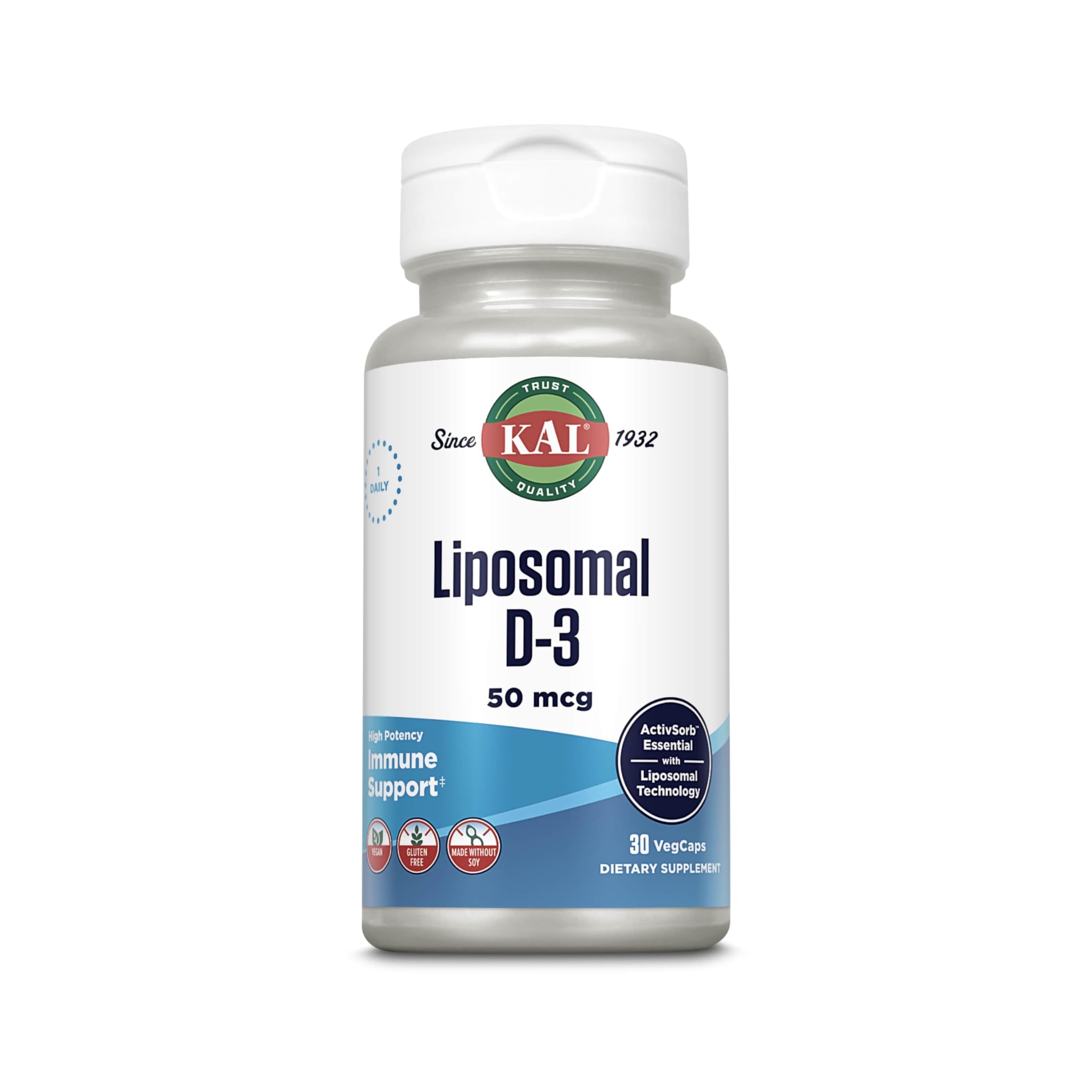 Kal liposomal vitamin D3 – Bouteille montrant le format pratique pour absorption facile.