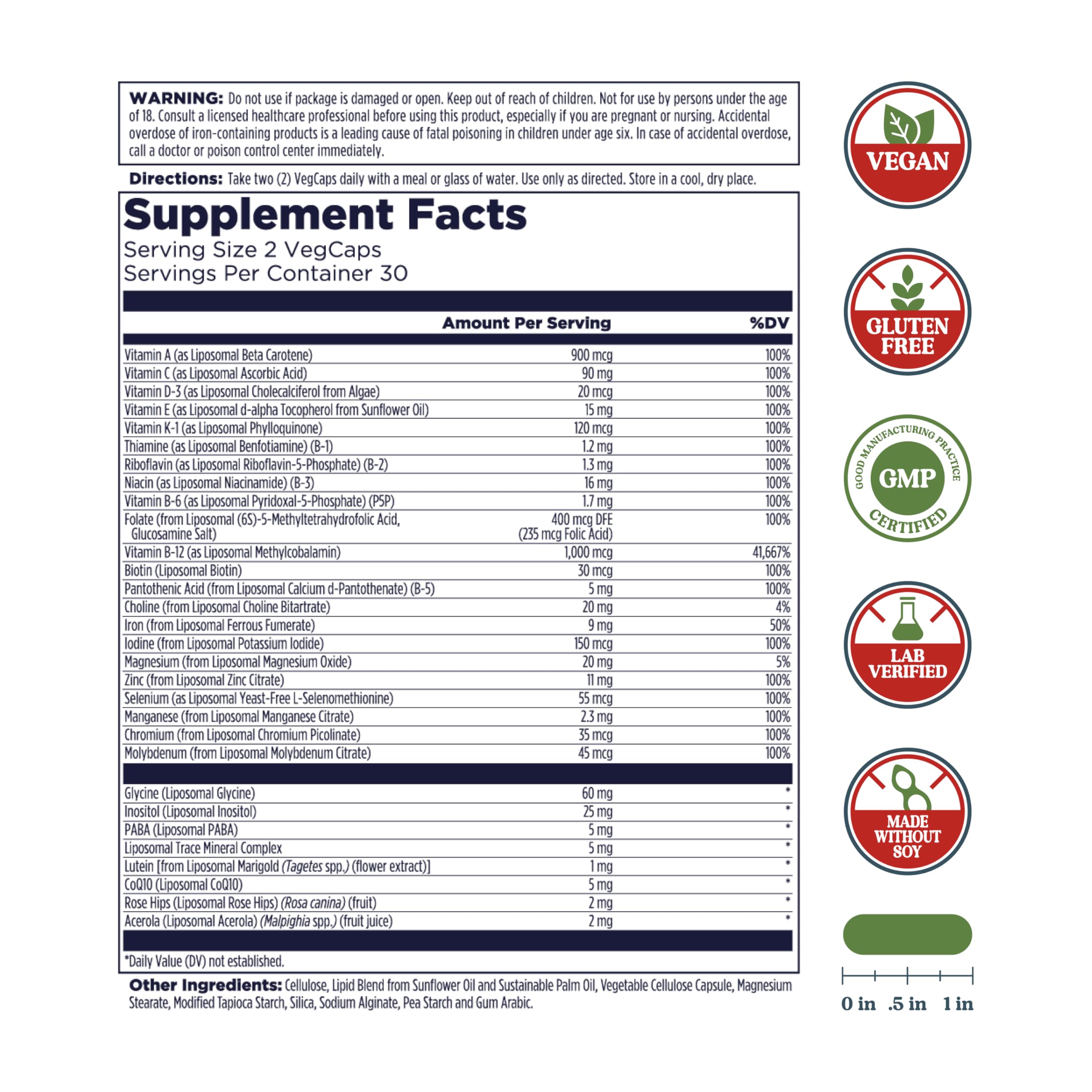 Capsules végétales KAL Liposomales Multivitamin, sans gluten et pratique.